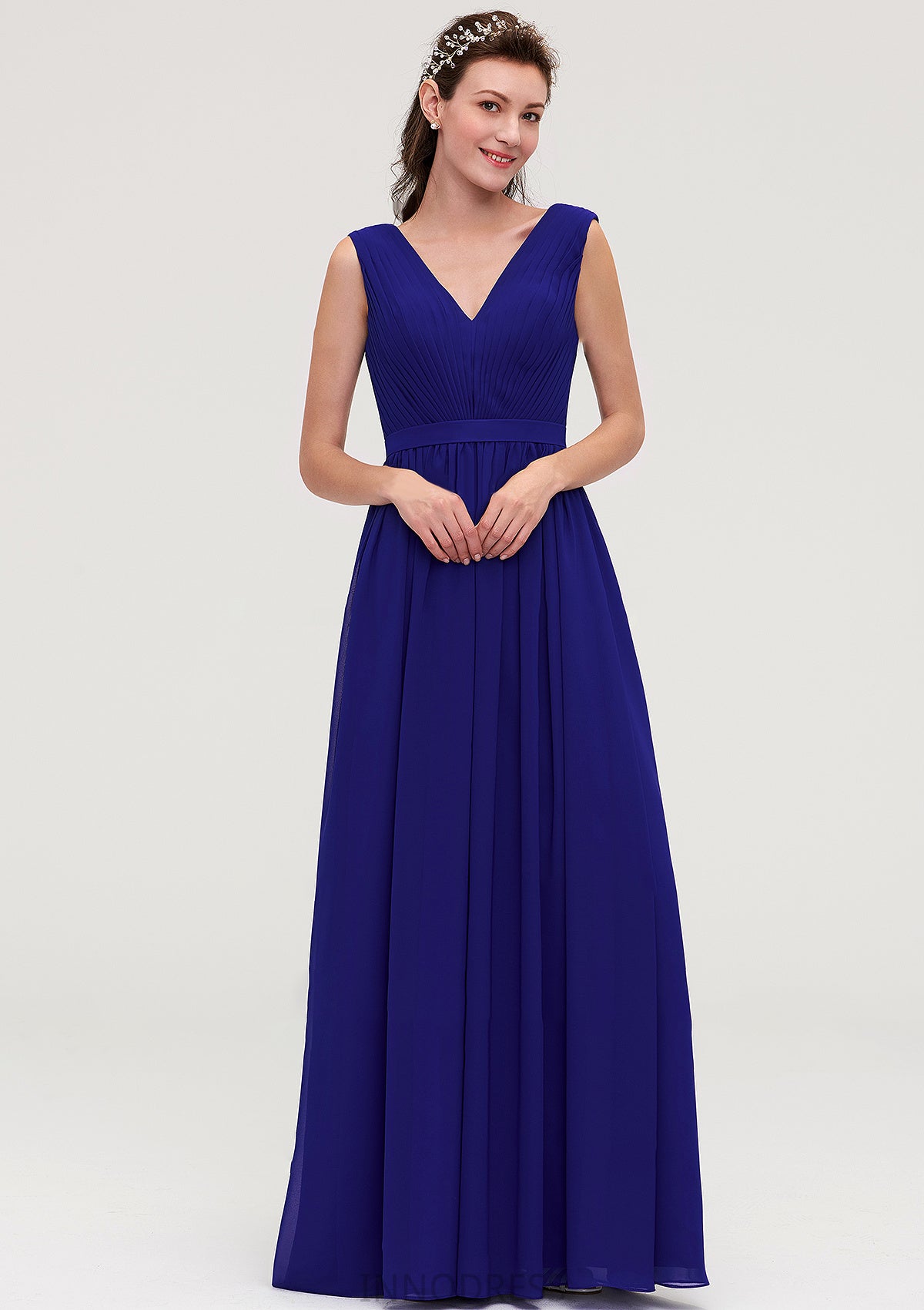 Sleeveless V Neck Chiffon A-line/Princess Long/Floor-Length Bridesmaid Dresseses With Pleated Destiney DPP0025459