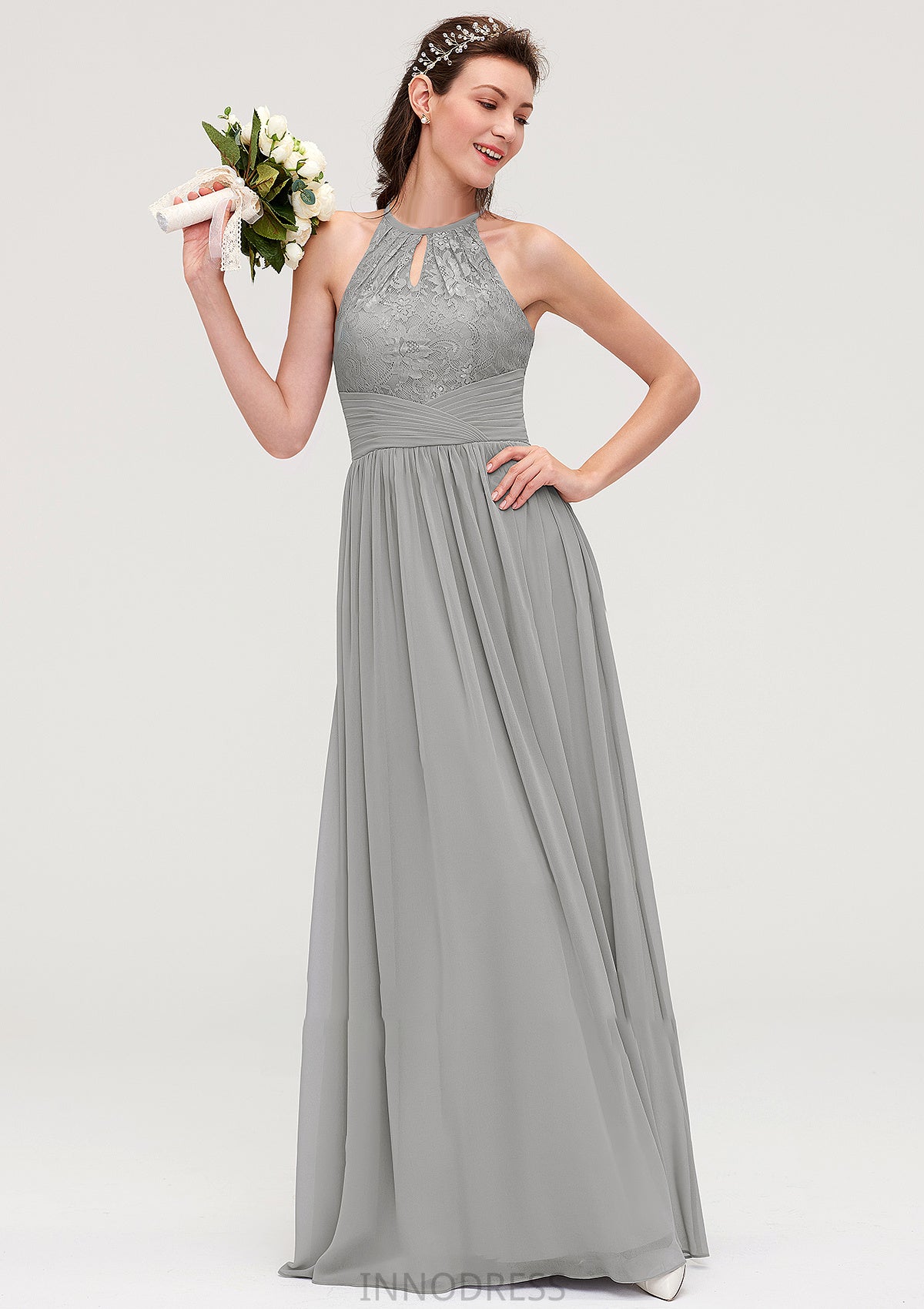 Sleeveless Scoop Neck Chiffon A-line/Princess Long/Floor-Length Bridesmaid Dresseses With Pleated Lace Alma DPP0025460