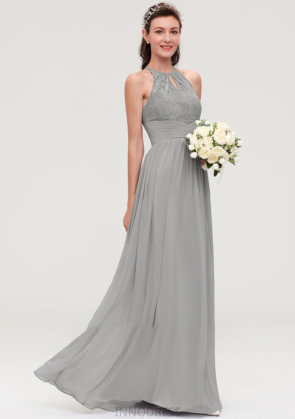 Sleeveless Scoop Neck Chiffon A-line/Princess Long/Floor-Length Bridesmaid Dresseses With Pleated Lace Alma DPP0025460