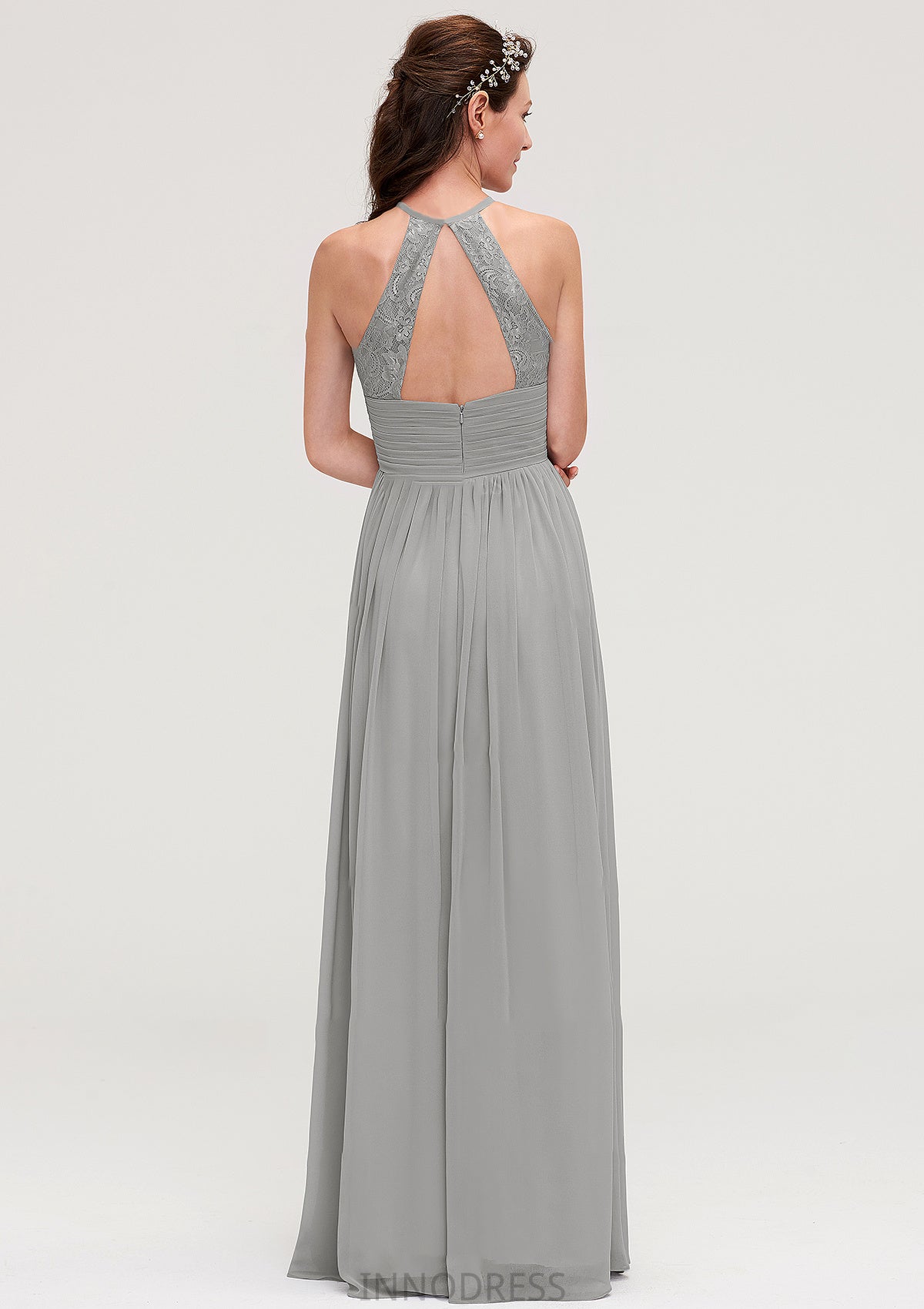 Sleeveless Scoop Neck Chiffon A-line/Princess Long/Floor-Length Bridesmaid Dresseses With Pleated Lace Alma DPP0025460