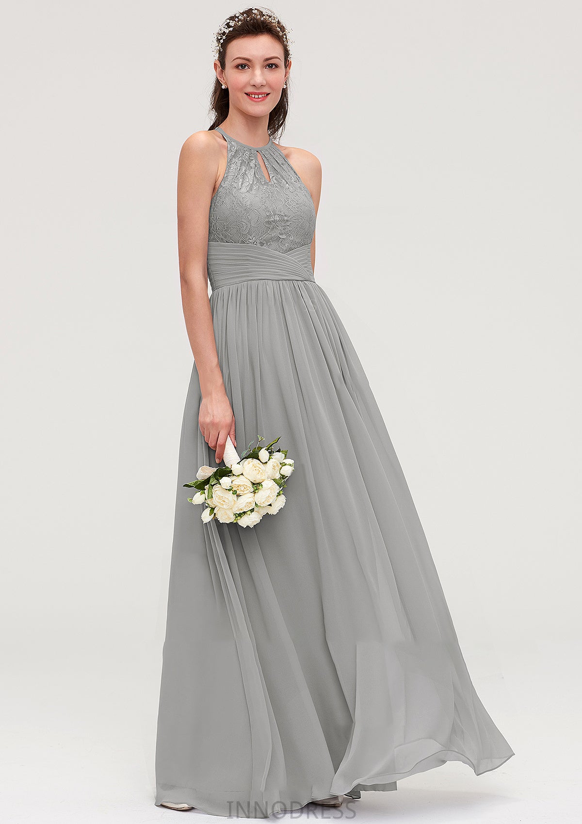 Sleeveless Scoop Neck Chiffon A-line/Princess Long/Floor-Length Bridesmaid Dresseses With Pleated Lace Alma DPP0025460