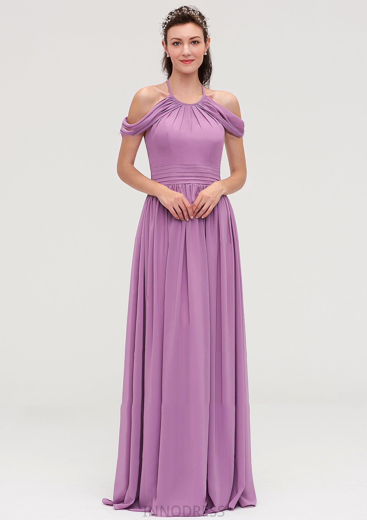 Scoop Neck Sleeveless Chiffon A-line/Princess Long/Floor-Length Bridesmaid Dresseses With Pleated Trudie DPP0025461