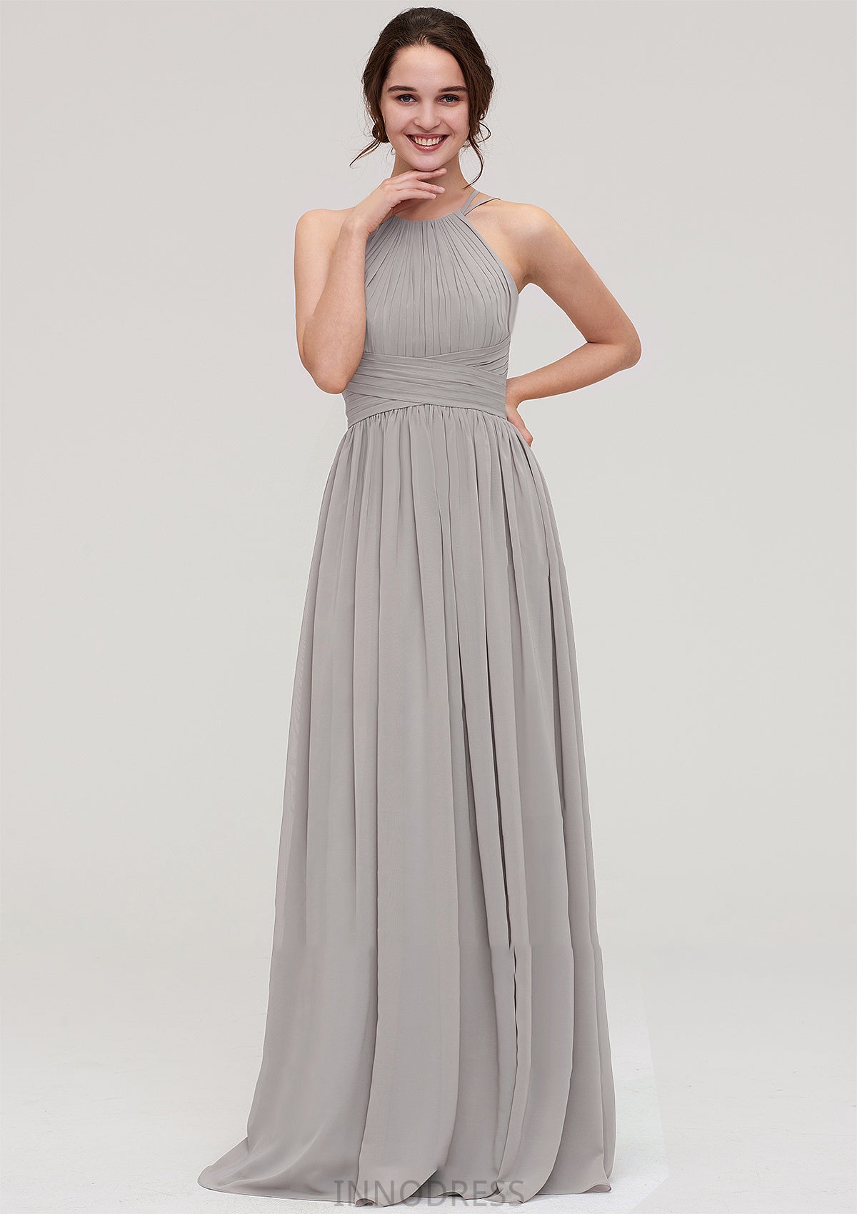 Halter Sleeveless A-line/Princess Long/Floor-Length Chiffon Bridesmaid Dresses With Pleated Leia DPP0025462