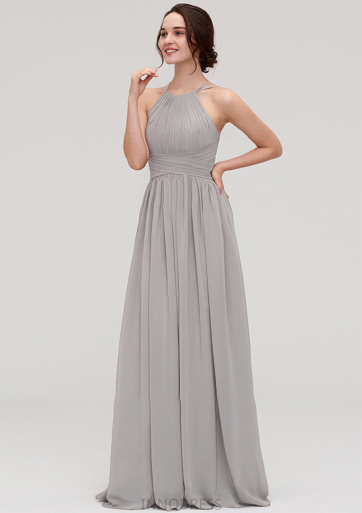 Halter Sleeveless A-line/Princess Long/Floor-Length Chiffon Bridesmaid Dresses With Pleated Leia DPP0025462