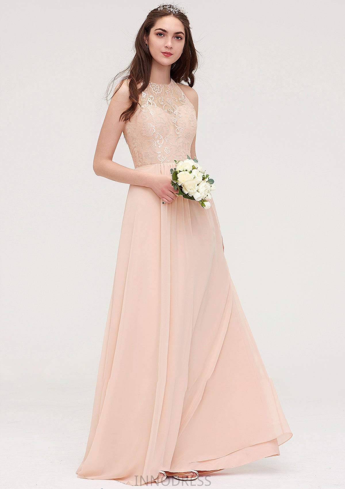 Bateau Sleeveless Long/Floor-Length Chiffon A-line/Princess Bridesmaid Dresses With Lace Pleated Nola DPP0025464