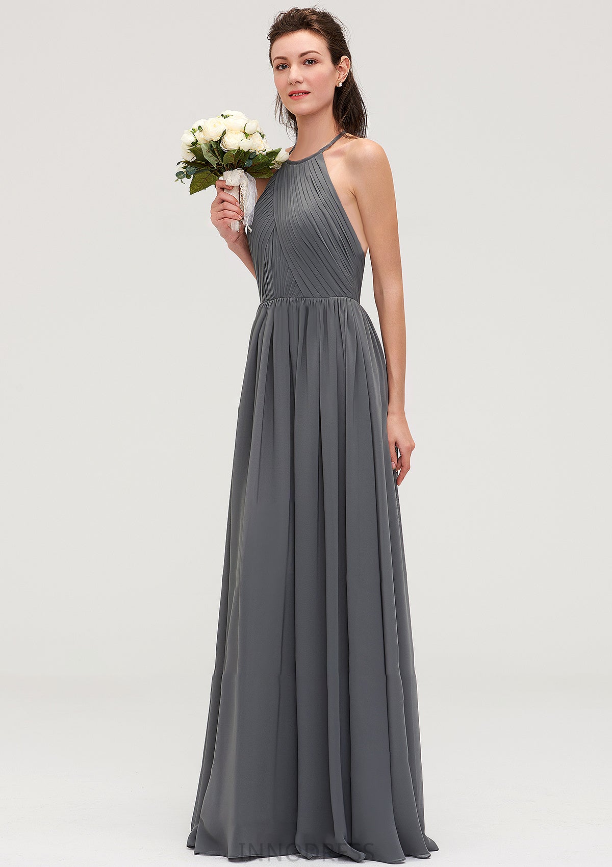 Sleeveless Halter Chiffon A-line/Princess Long/Floor-Length Bridesmaid Dresseses With Pleated Salma DPP0025466