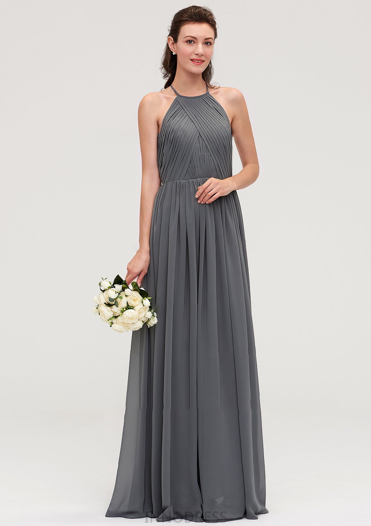 Sleeveless Halter Chiffon A-line/Princess Long/Floor-Length Bridesmaid Dresseses With Pleated Salma DPP0025466