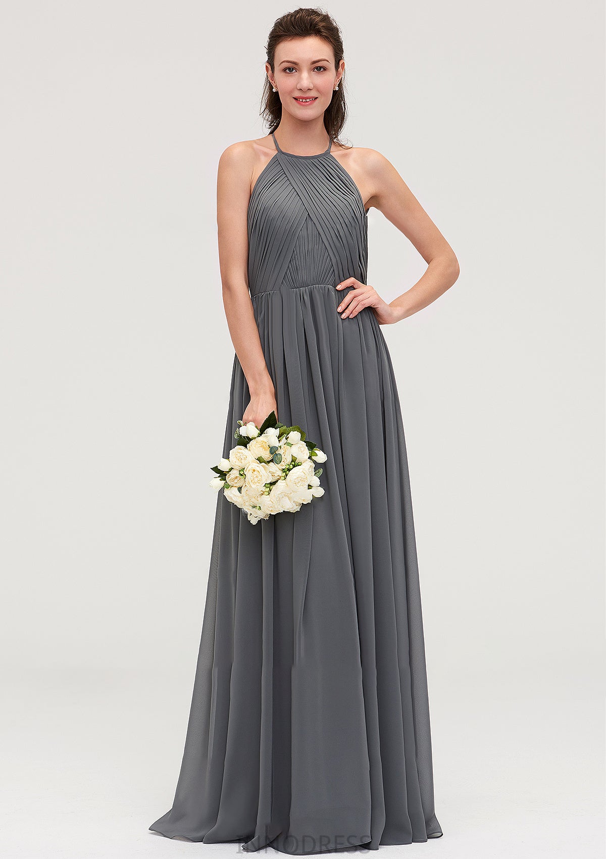 Sleeveless Halter Chiffon A-line/Princess Long/Floor-Length Bridesmaid Dresseses With Pleated Salma DPP0025466