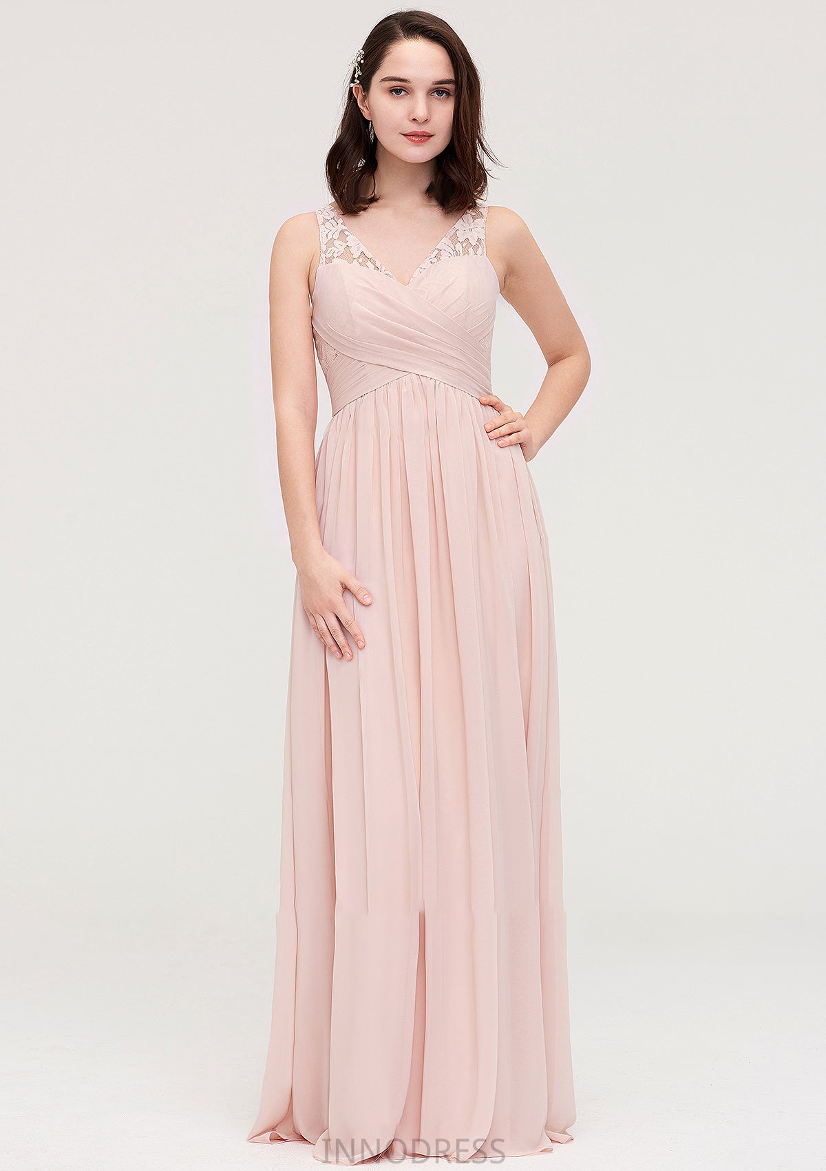 Sleeveless V Neck Long/Floor-Length Chiffon A-line/Princess Bridesmaid Dresses With Pleated Appliqued Hailey DPP0025467