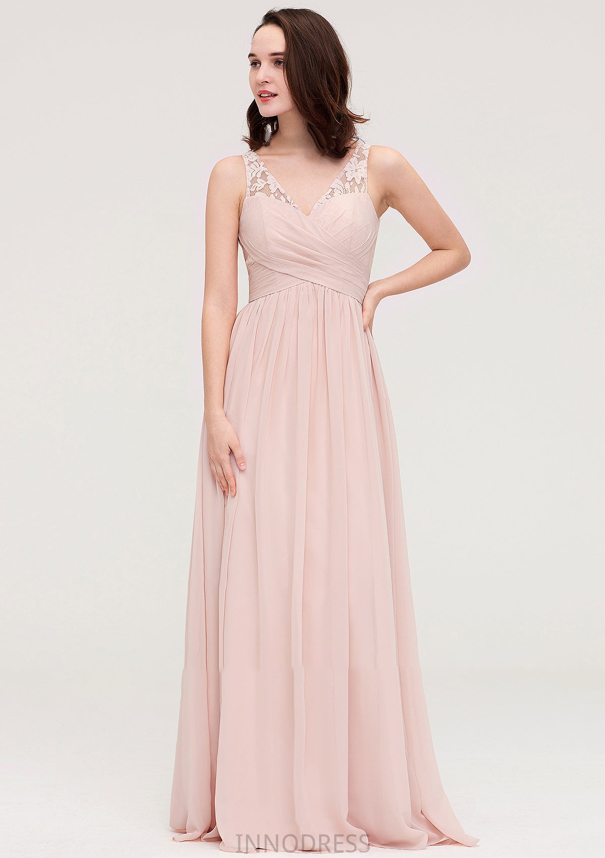 Sleeveless V Neck Long/Floor-Length Chiffon A-line/Princess Bridesmaid Dresses With Pleated Appliqued Hailey DPP0025467