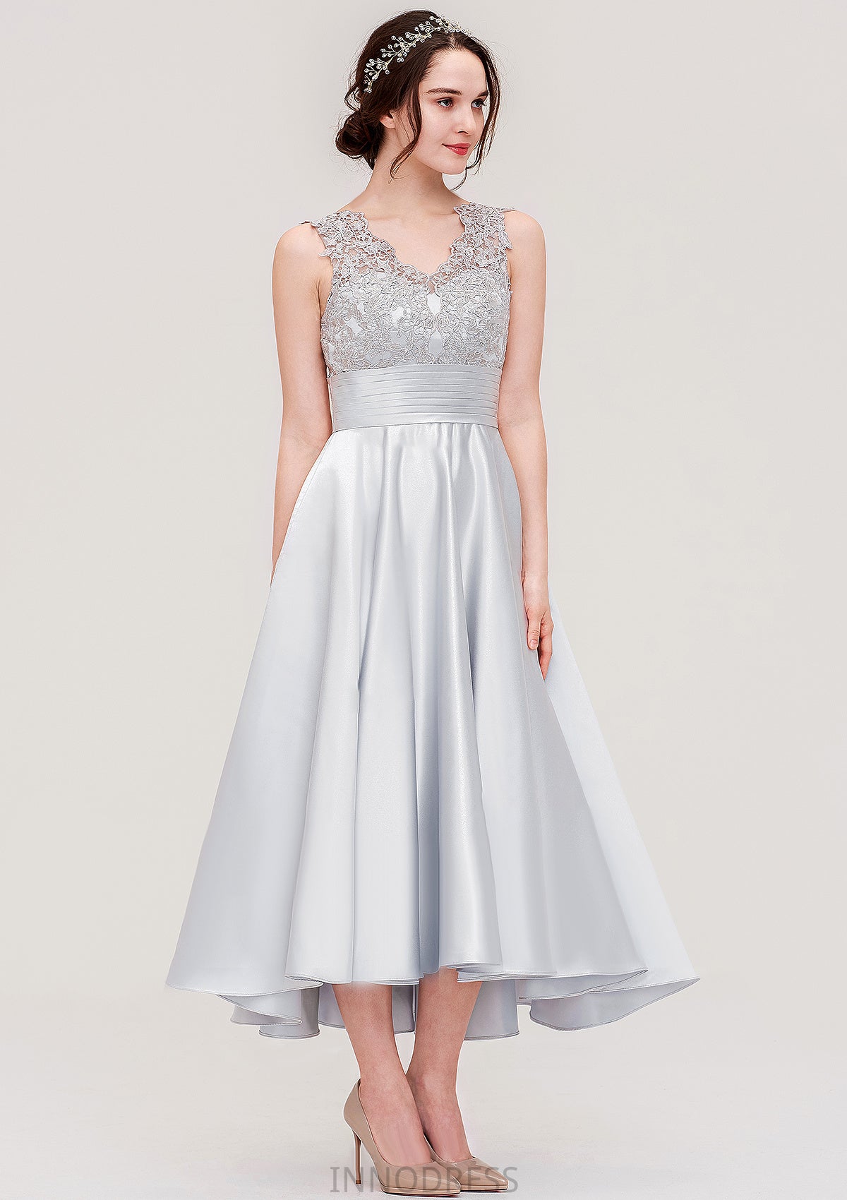 Sleeveless V Neck Asymmetrical Satin A-line/Princess Bridesmaid Dresses With Pleated Lace Sharon DPP0025468