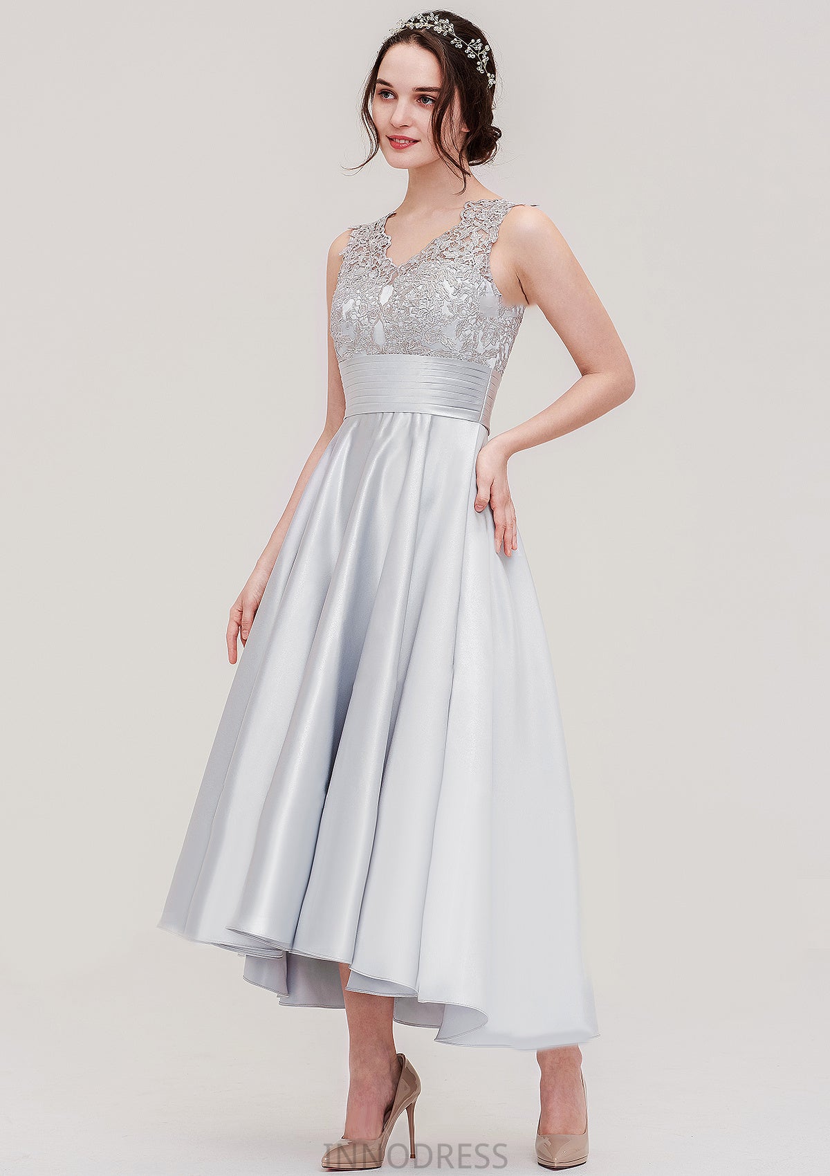 Sleeveless V Neck Asymmetrical Satin A-line/Princess Bridesmaid Dresses With Pleated Lace Sharon DPP0025468