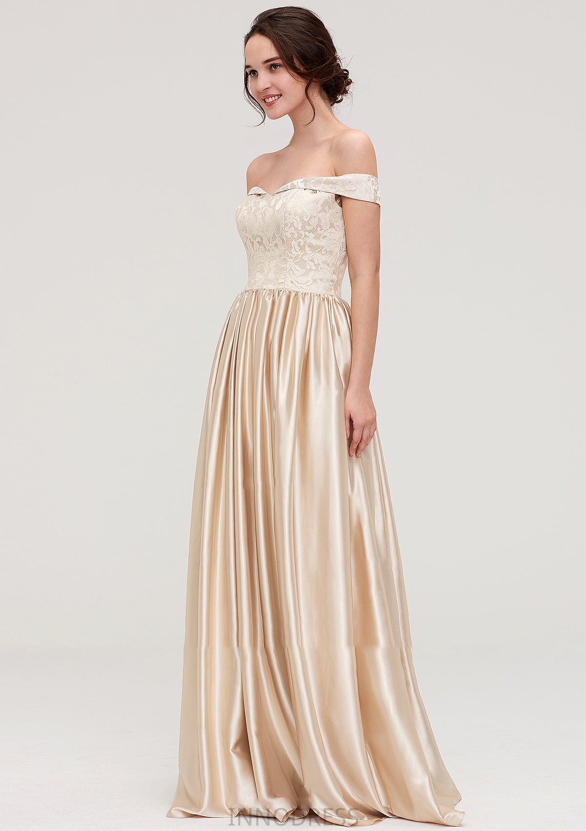 Off-the-Shoulder SleevelessA-line/Princess Charmeuse  Long/Floor-Length Bridesmaid Dresses With Appliqued Mina DPP0025469