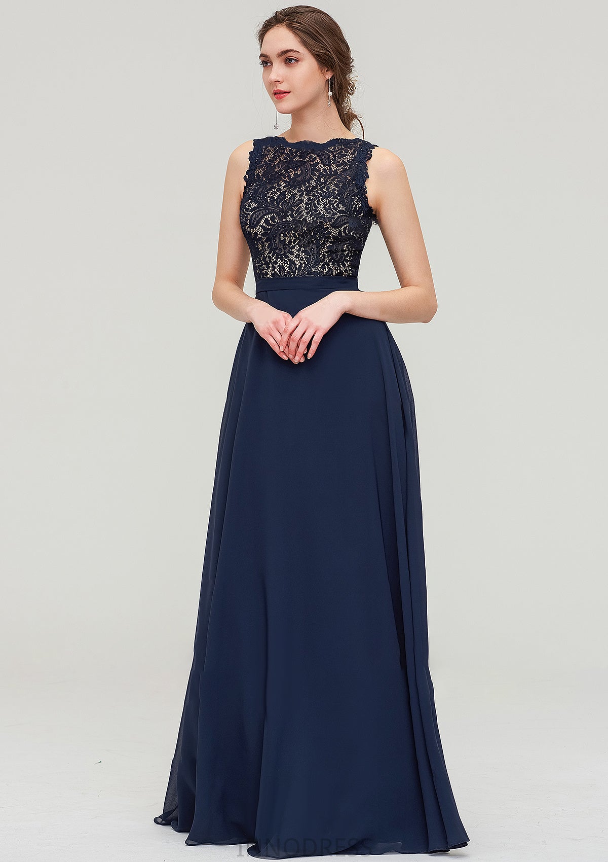 Sleeveless Bateau Long/Floor-Length  Chiffon A-line/Princess Bridesmaid Dresses With Sashes Lace Tina DPP0025471