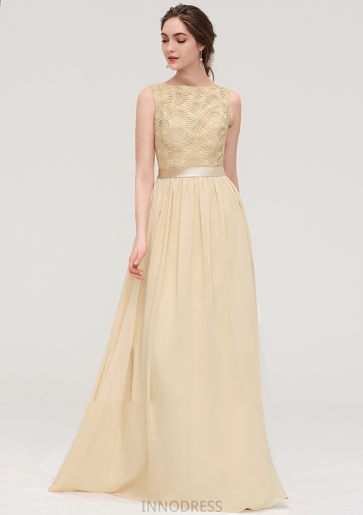 Bateau Sleeveless A-line/Princess Chiffon Long/Floor-Length Bridesmaid Dresses With Sashes Lace Jaiden DPP0025472