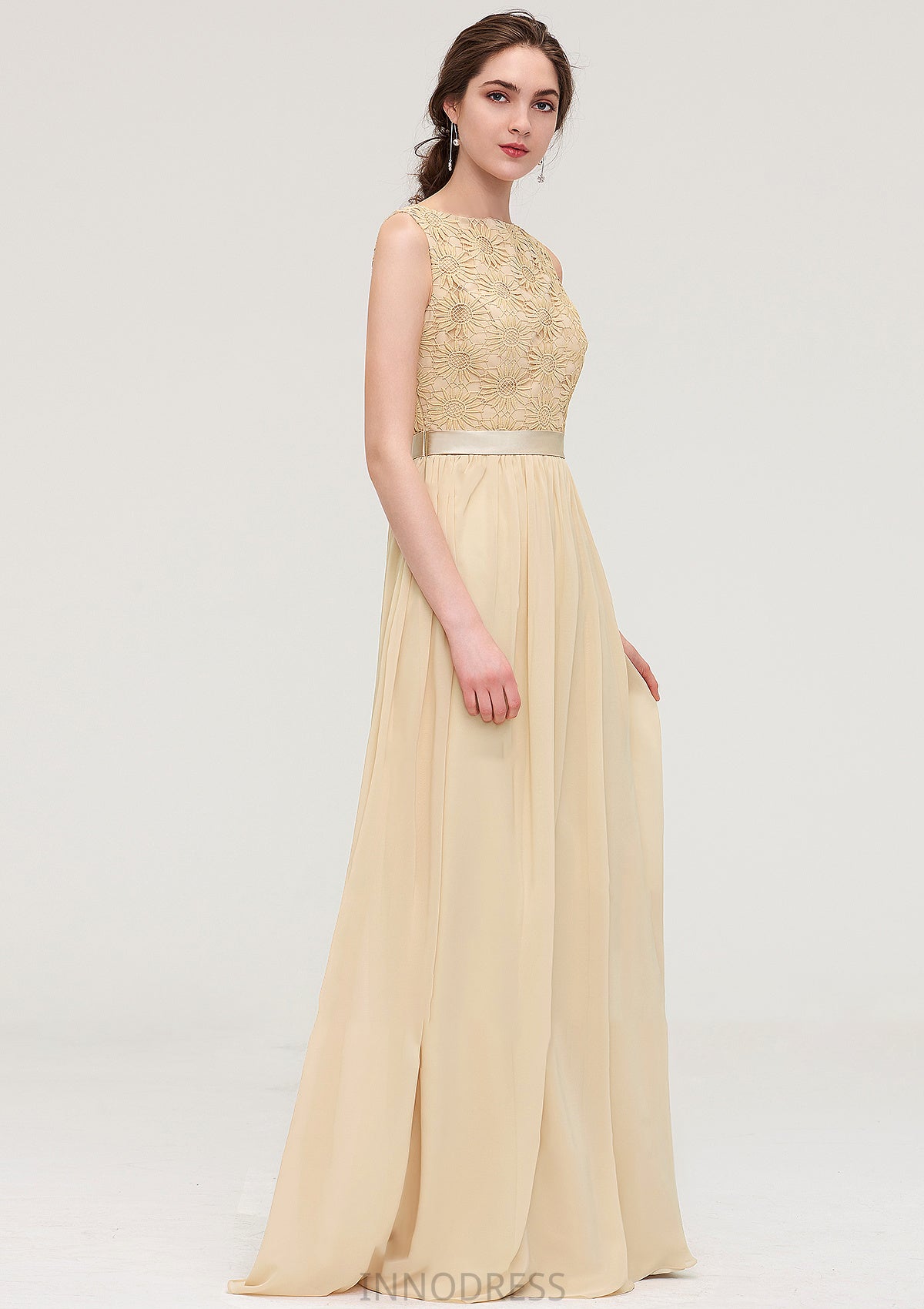 Bateau Sleeveless A-line/Princess Chiffon Long/Floor-Length Bridesmaid Dresses With Sashes Lace Jaiden DPP0025472