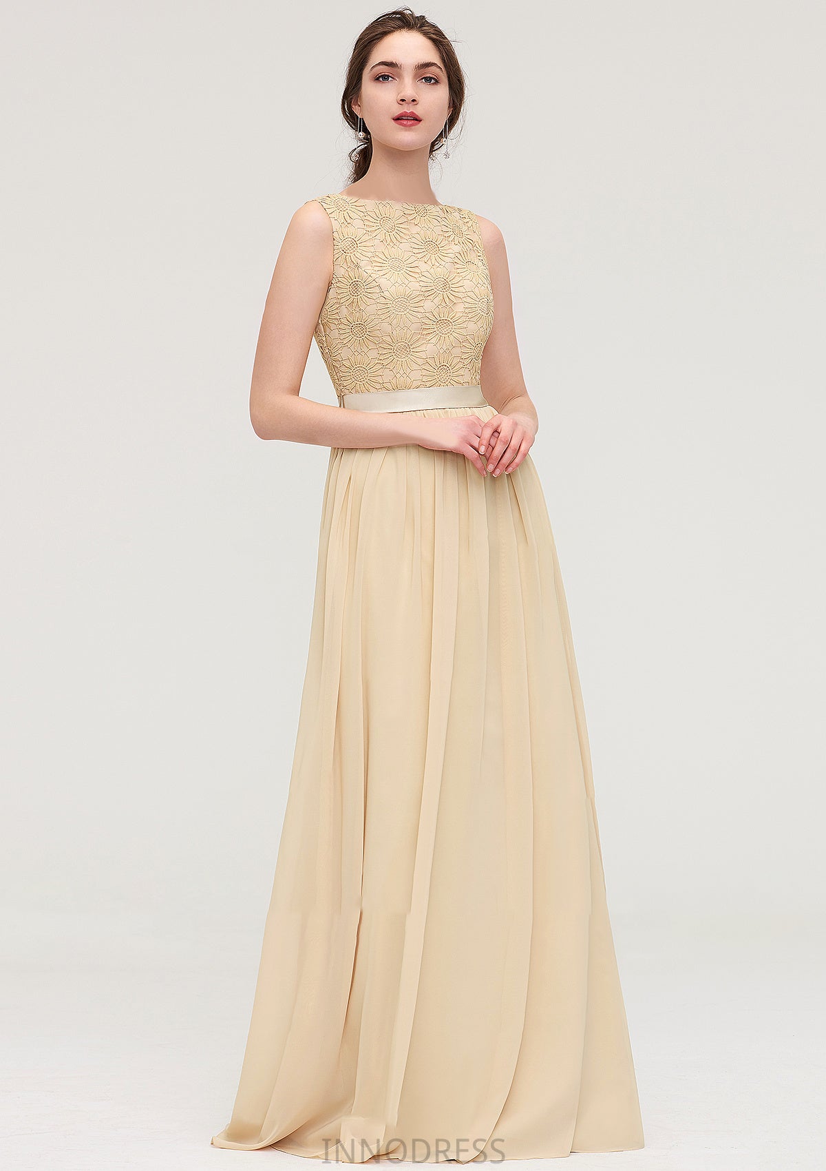 Bateau Sleeveless A-line/Princess Chiffon Long/Floor-Length Bridesmaid Dresses With Sashes Lace Jaiden DPP0025472