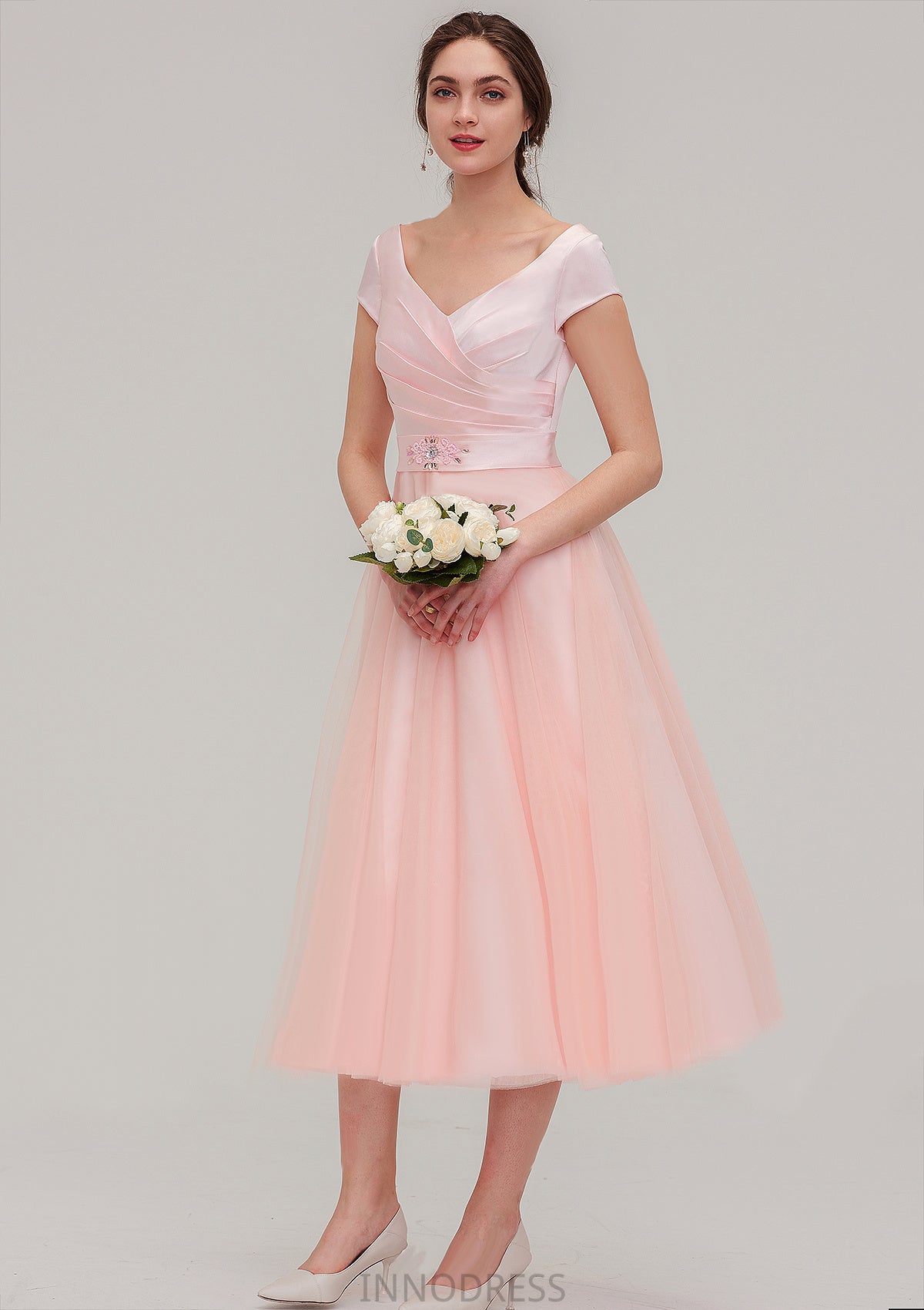 Sweetheart Short Sleeve Tea-Length Tulle A-line/Princess Bridesmaid Dresses With Waistband Beading Pleated Karsyn DPP0025473