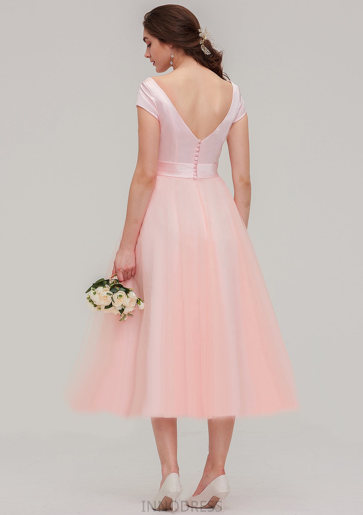 Sweetheart Short Sleeve Tea-Length Tulle A-line/Princess Bridesmaid Dresses With Waistband Beading Pleated Karsyn DPP0025473