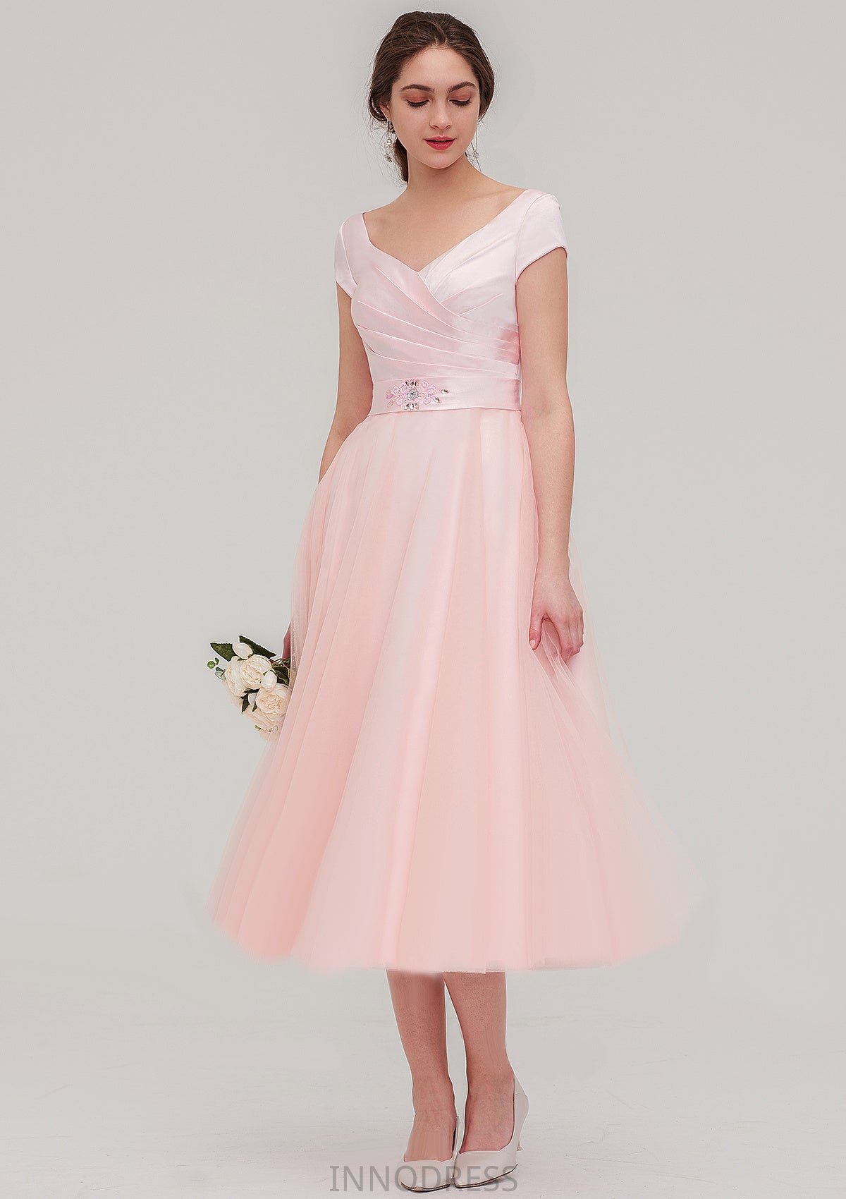 Sweetheart Short Sleeve Tea-Length Tulle A-line/Princess Bridesmaid Dresses With Waistband Beading Pleated Karsyn DPP0025473