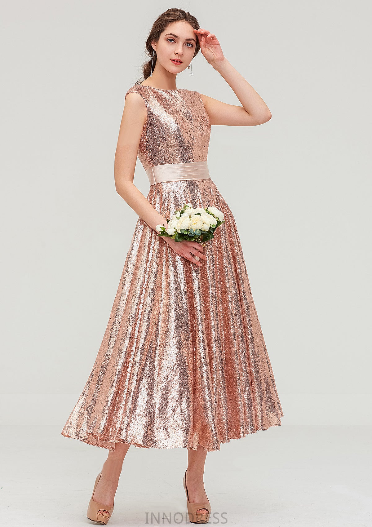 Bateau Sleeveless Tea-Length Sequined A-line/Princess Bridesmaid Dresses With Sashes Lia DPP0025474