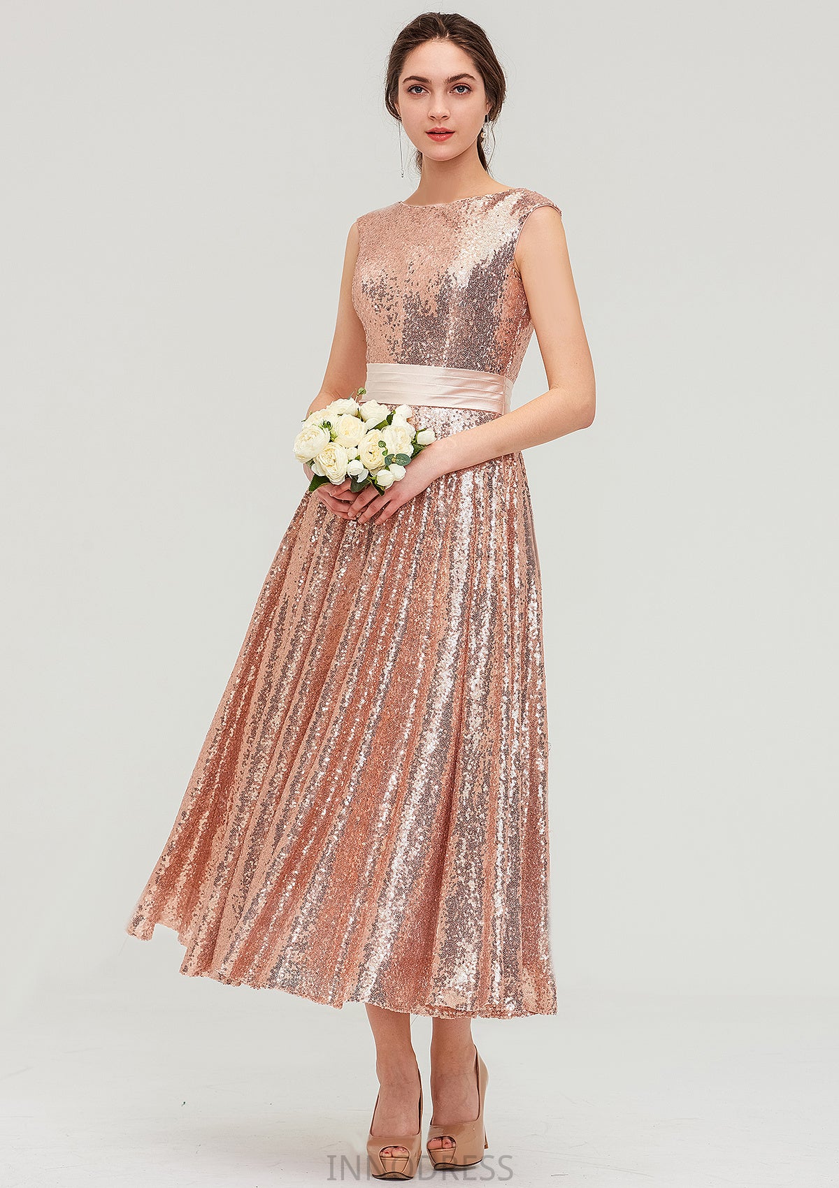 Bateau Sleeveless Tea-Length Sequined A-line/Princess Bridesmaid Dresses With Sashes Lia DPP0025474