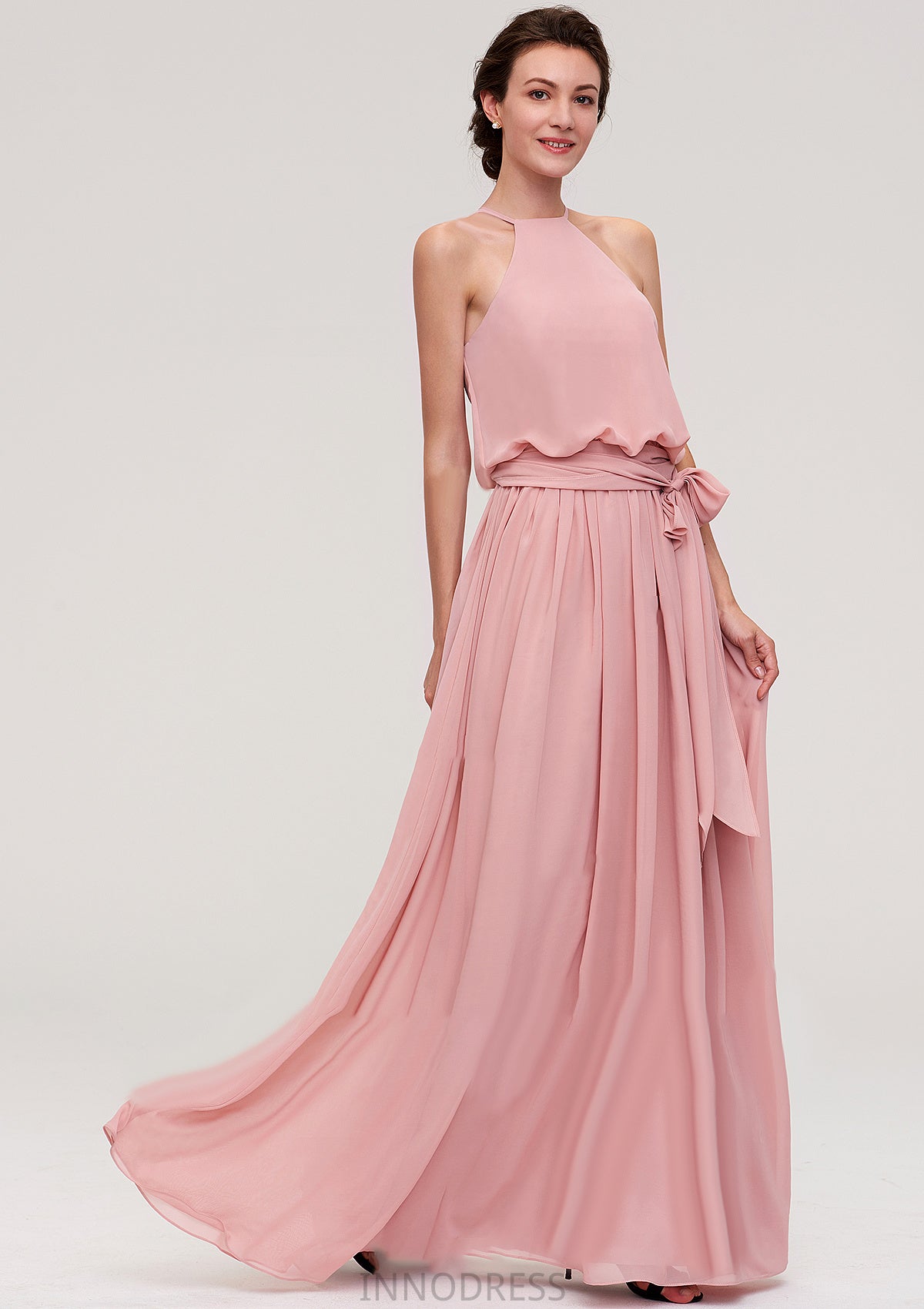 Sleeveless Scoop Neck A-line/Princess Chiffon Long/Floor-Length Bridesmaid Dresseses With Pleated Sashes Aryanna DPP0025476