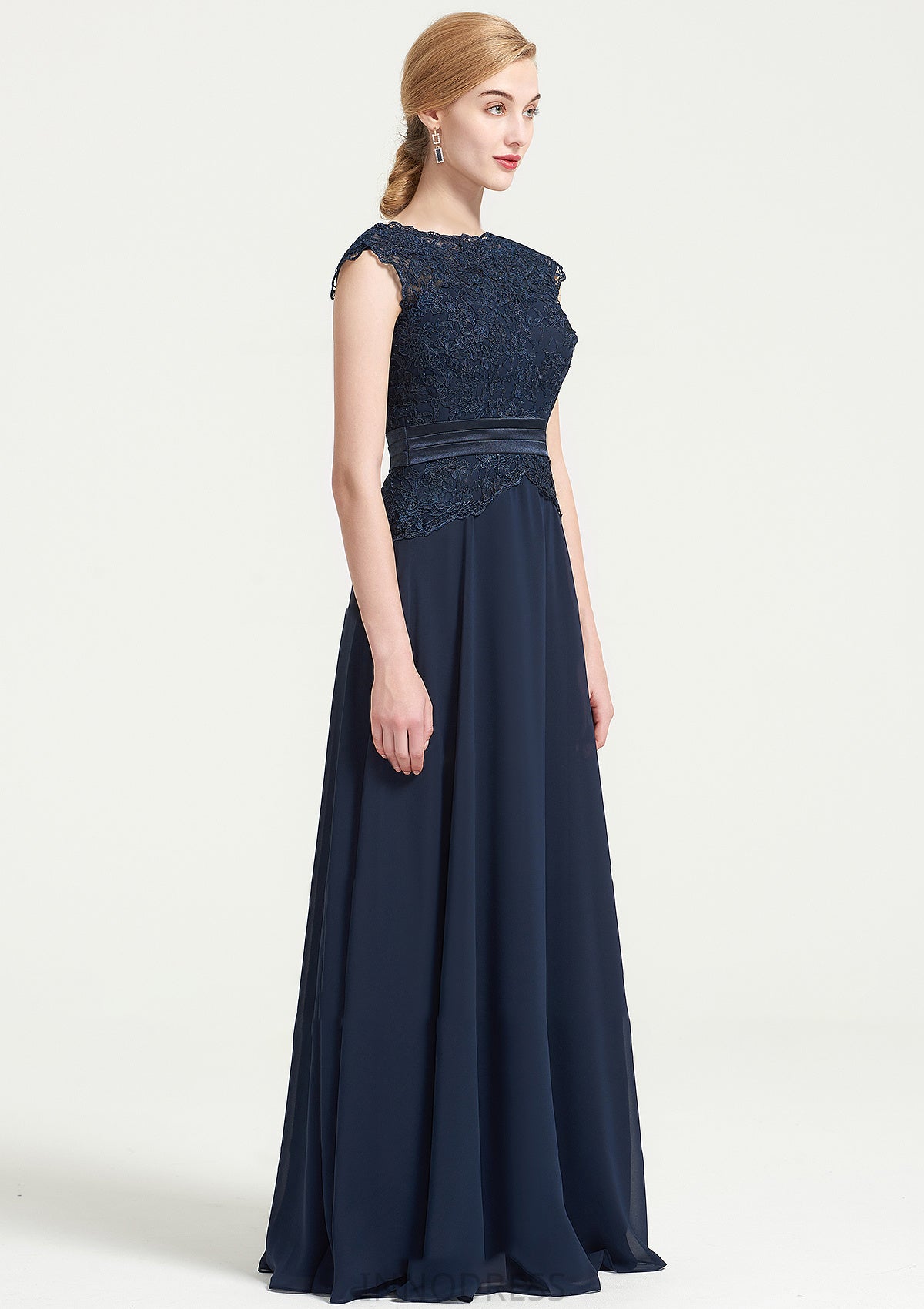 Bateau Sleeveless A-line/Princess Chiffon Long/Floor-Length Bridesmaid Dresses With Sashes Lace Pleated Itzel DPP0025480