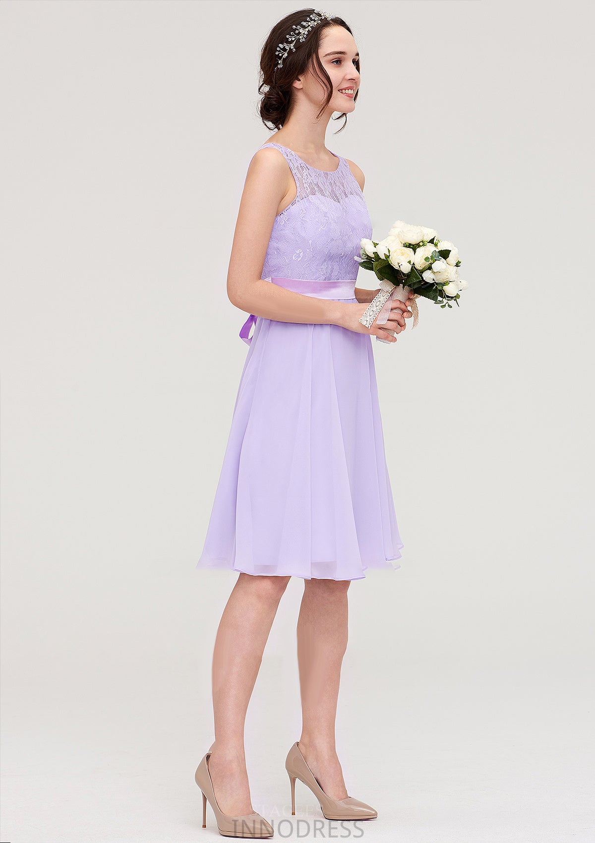 Sleeveless Knee-Length Chiffon A-line/Princess Bridesmaid Dresses With Sashes Lace June DPP0025481