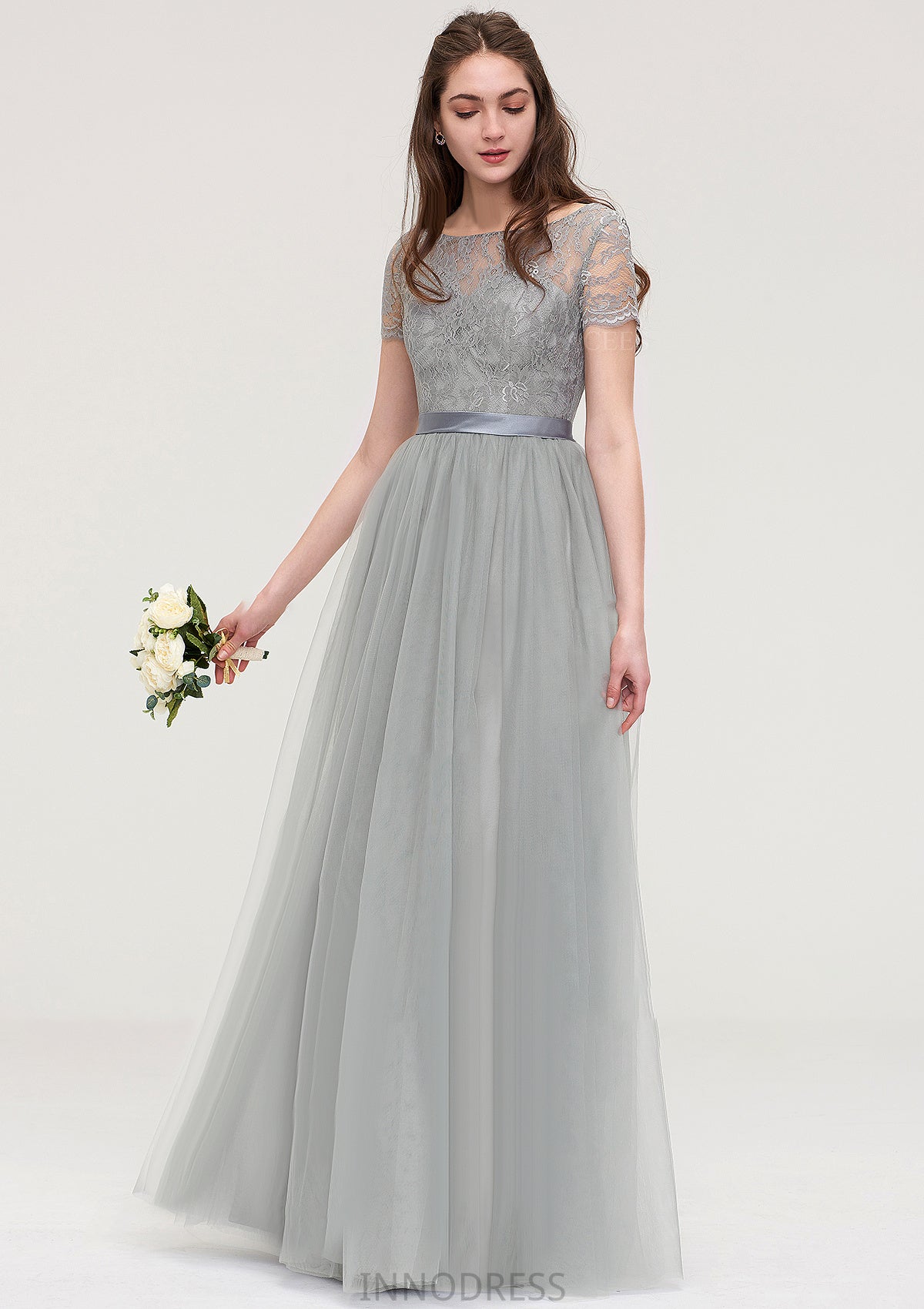 Bateau Short Sleeve Long/Floor-Length Tulle A-line/Princess Bridesmaid Dresses With Sashes Lace Ariana DPP0025482