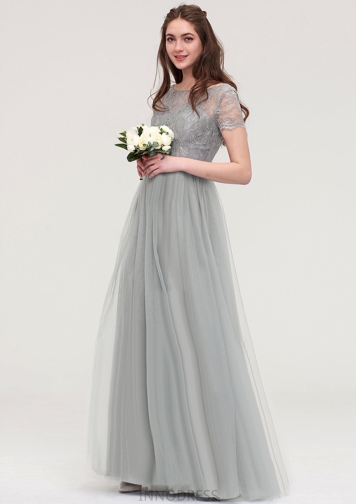 Bateau Short Sleeve Long/Floor-Length Tulle A-line/Princess Bridesmaid Dresses With Sashes Lace Ariana DPP0025482