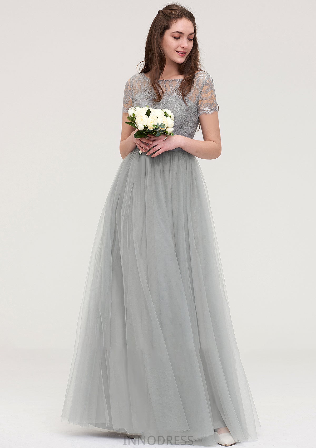 Bateau Short Sleeve Long/Floor-Length Tulle A-line/Princess Bridesmaid Dresses With Sashes Lace Ariana DPP0025482