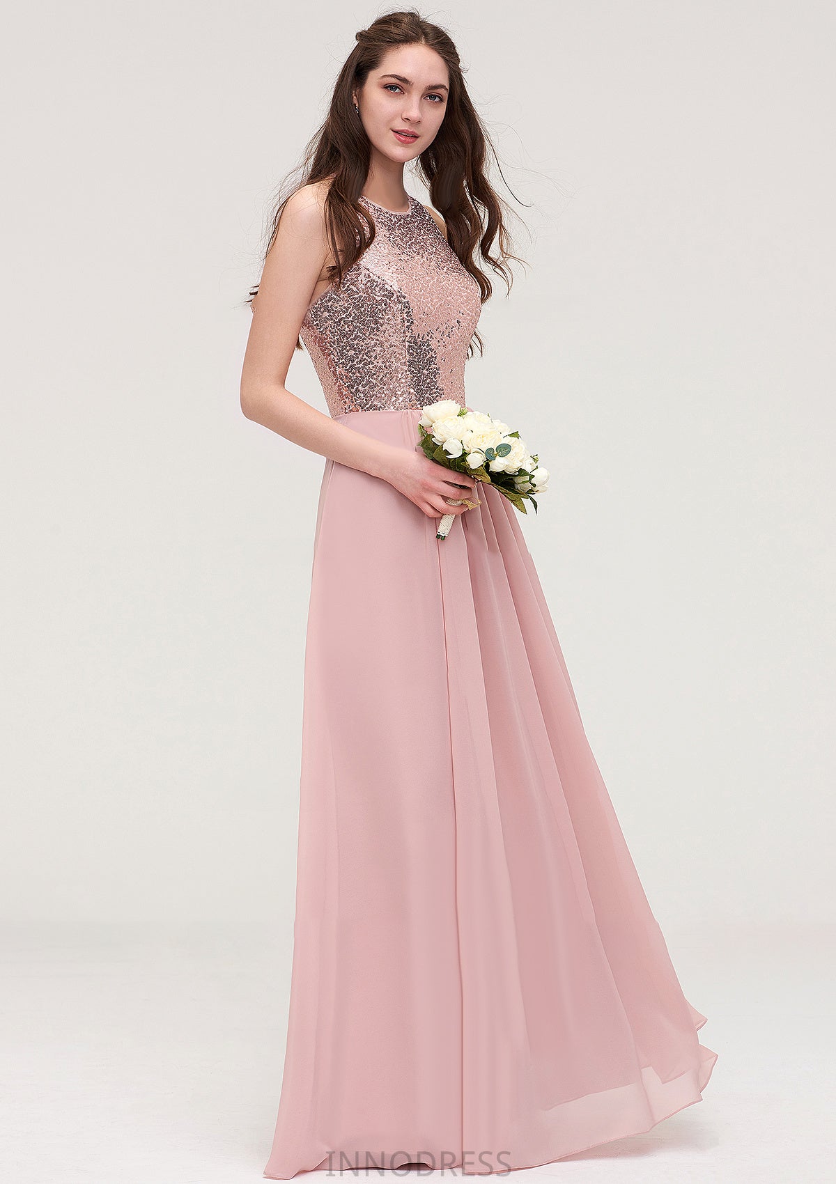 Sleeveless Bateau Long/Floor-Length Chiffon A-line/Princess Bridesmaid Dresses With Sequins Peggie DPP0025484