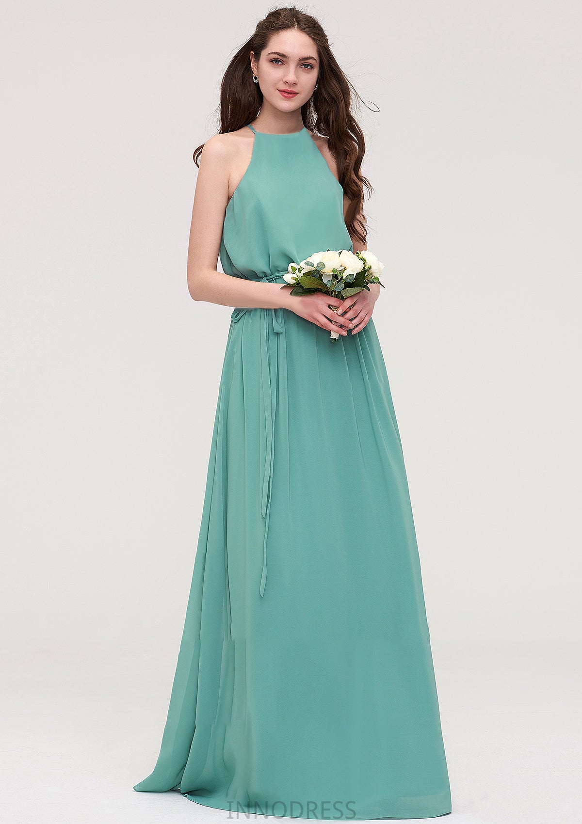 High-Neck Sleeveless Long/Floor-Length Chiffon A-line/Princess Bridesmaid Dresses With Sashes Tabitha DPP0025485