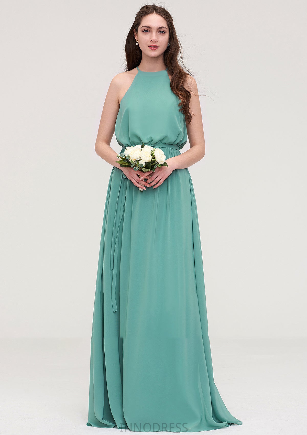 High-Neck Sleeveless Long/Floor-Length Chiffon A-line/Princess Bridesmaid Dresses With Sashes Tabitha DPP0025485