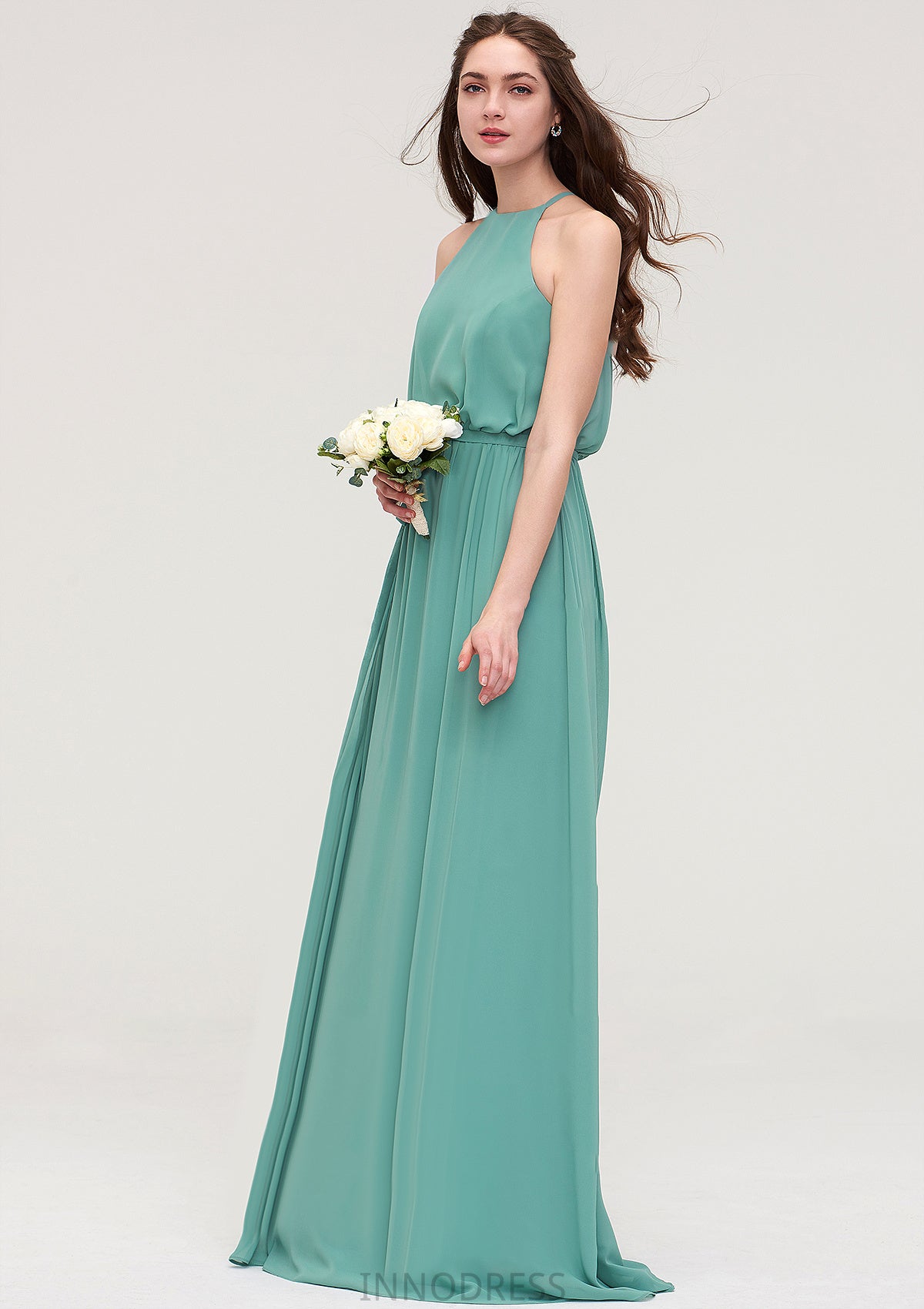 High-Neck Sleeveless Long/Floor-Length Chiffon A-line/Princess Bridesmaid Dresses With Sashes Tabitha DPP0025485