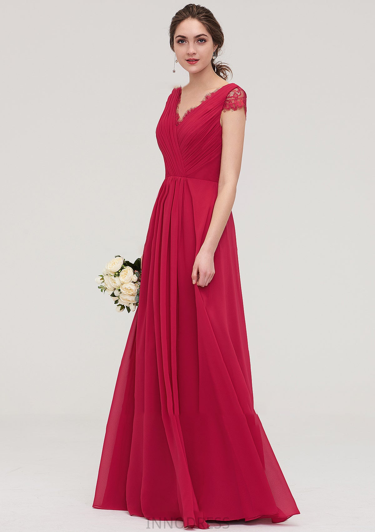 Sleeveless V Neck Long/Floor-Length Chiffon A-line/Princess Bridesmaid Dresses With Lace Pleated Selena DPP0025486