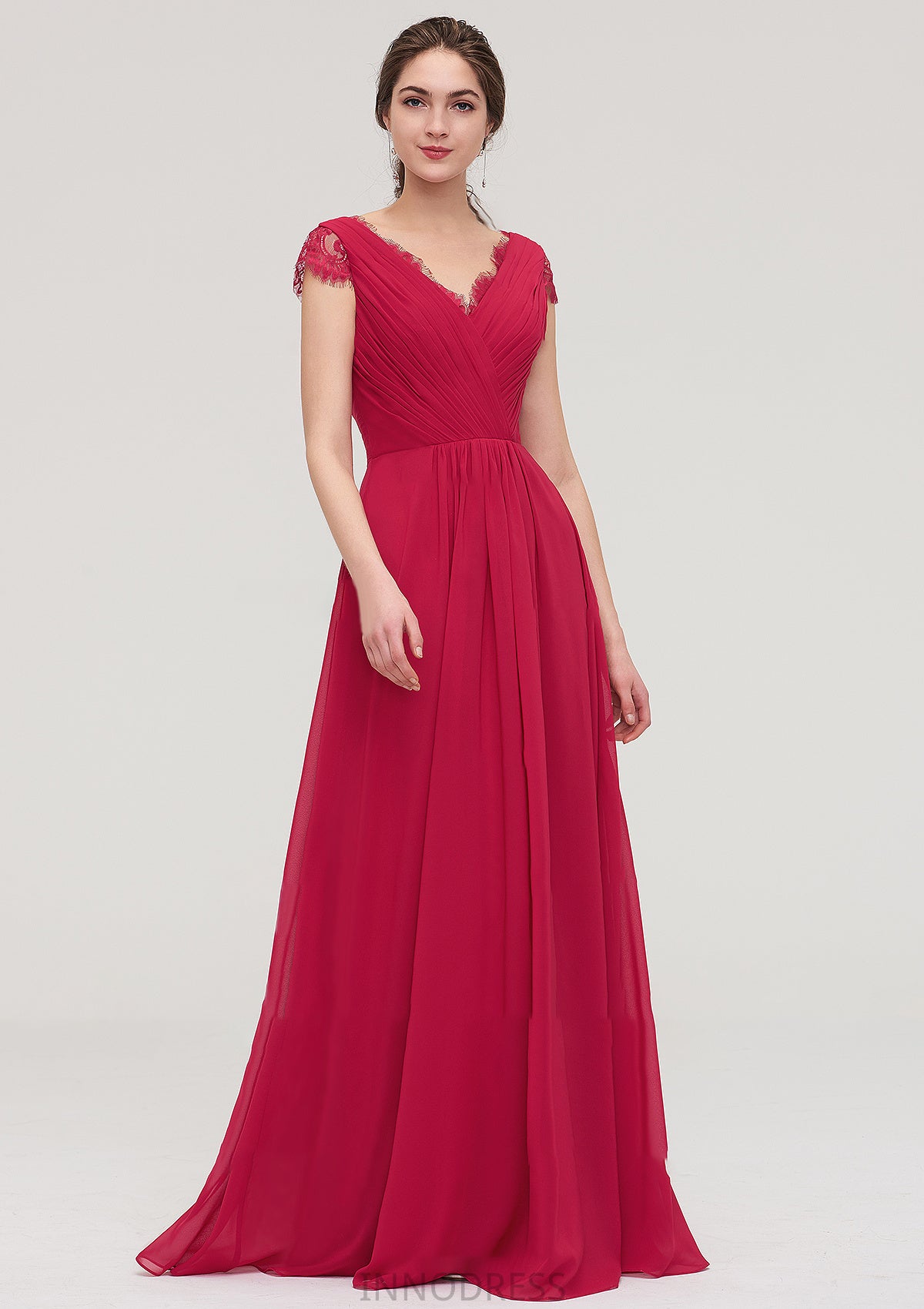 Sleeveless V Neck Long/Floor-Length Chiffon A-line/Princess Bridesmaid Dresses With Lace Pleated Selena DPP0025486