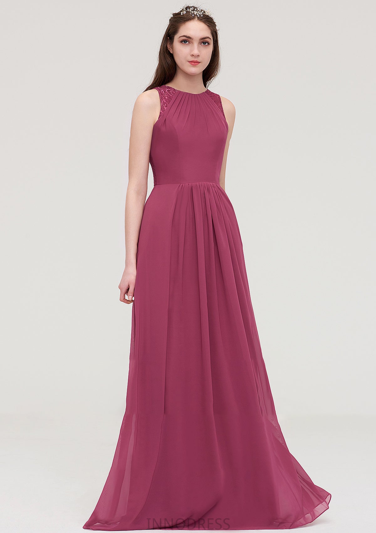 Bateau Sleeveless Long/Floor-Length Chiffon A-line/Princess Bridesmaid Dresses With Lace Pleated Amira DPP0025488