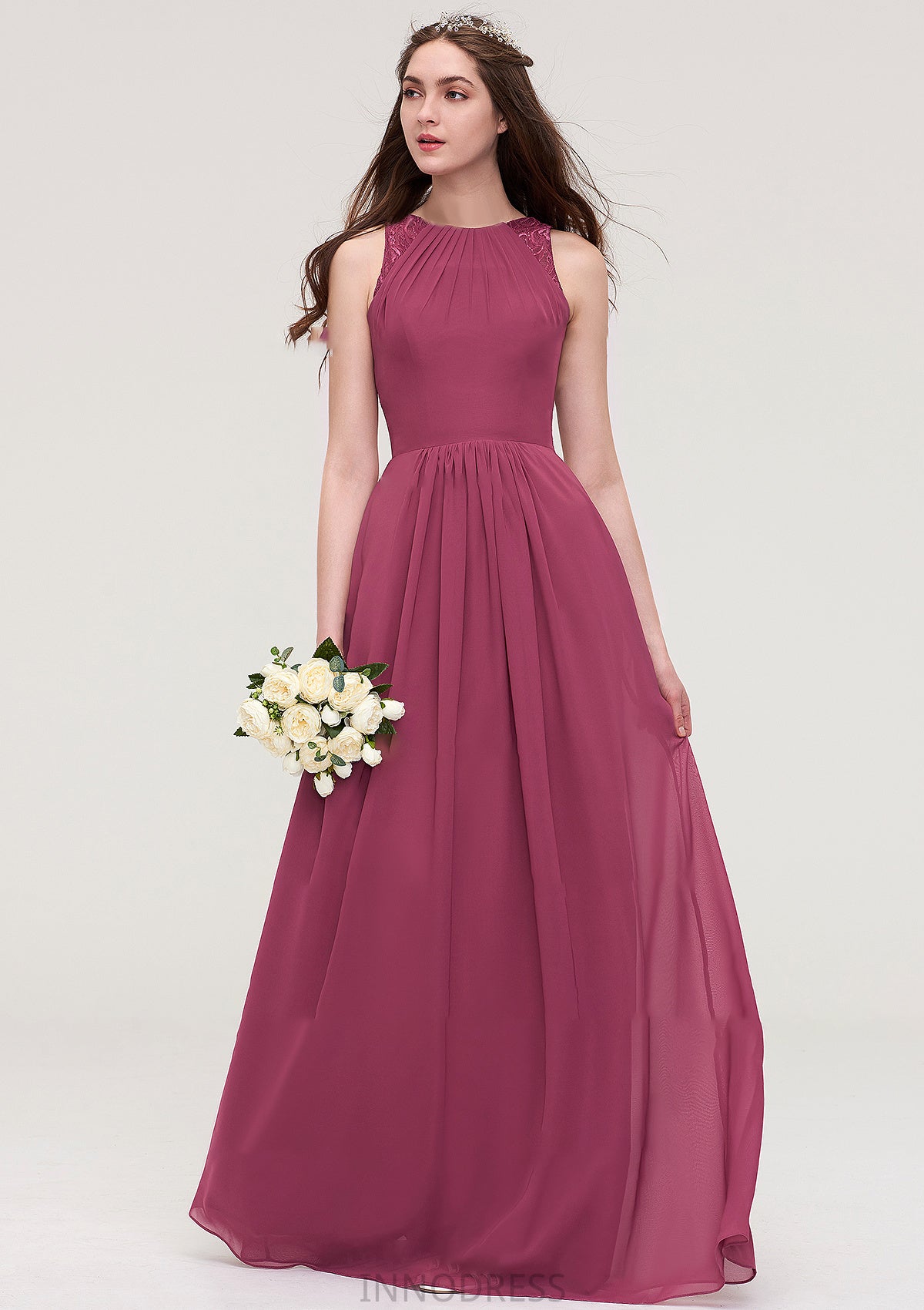 Bateau Sleeveless Long/Floor-Length Chiffon A-line/Princess Bridesmaid Dresses With Lace Pleated Amira DPP0025488