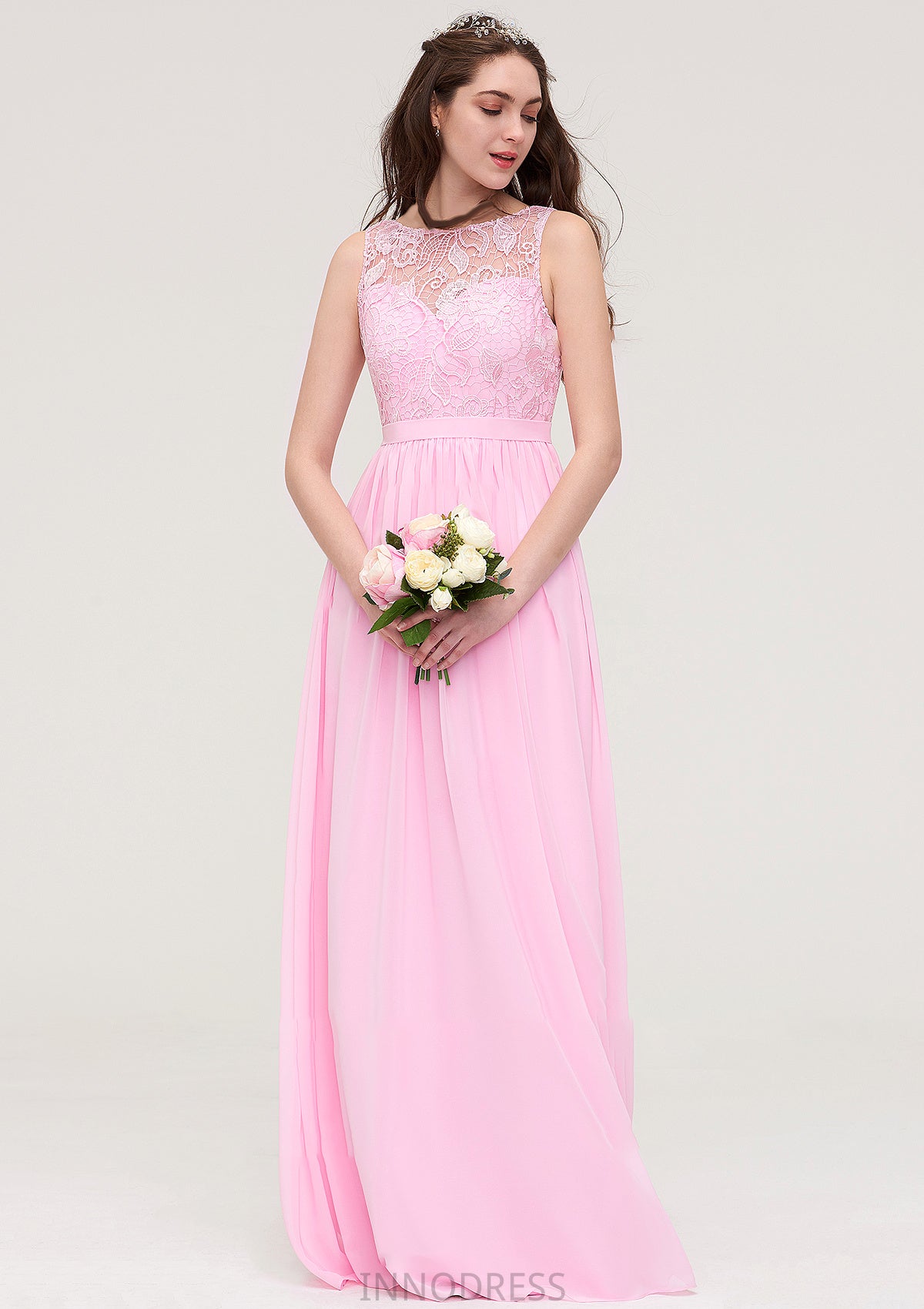 Bateau Sleeveless Long/Floor-Length Chiffon A-line/Princess Bridesmaid Dresses With Lace Logan DPP0025489