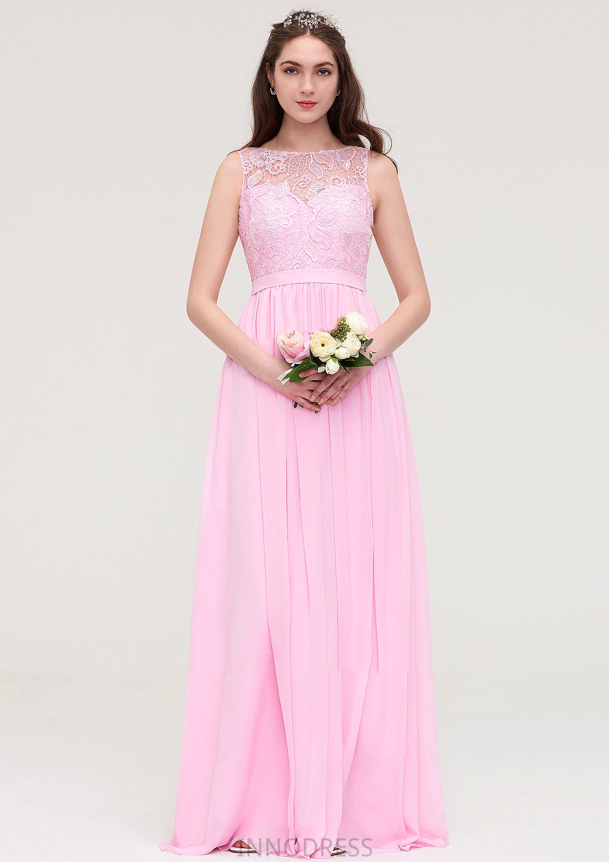 Bateau Sleeveless Long/Floor-Length Chiffon A-line/Princess Bridesmaid Dresses With Lace Logan DPP0025489