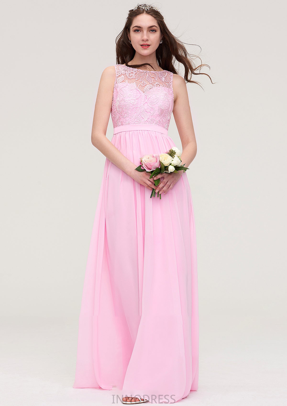 Bateau Sleeveless Long/Floor-Length Chiffon A-line/Princess Bridesmaid Dresses With Lace Logan DPP0025489