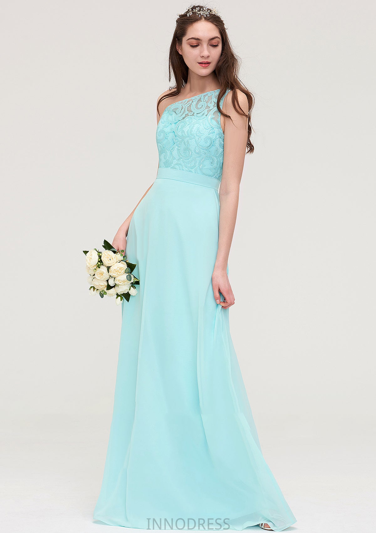 One-Shoulder Sleeveless Long/Floor-Length Chiffon A-line/Princess Bridesmaid Dresses With Lace Tiana DPP0025491