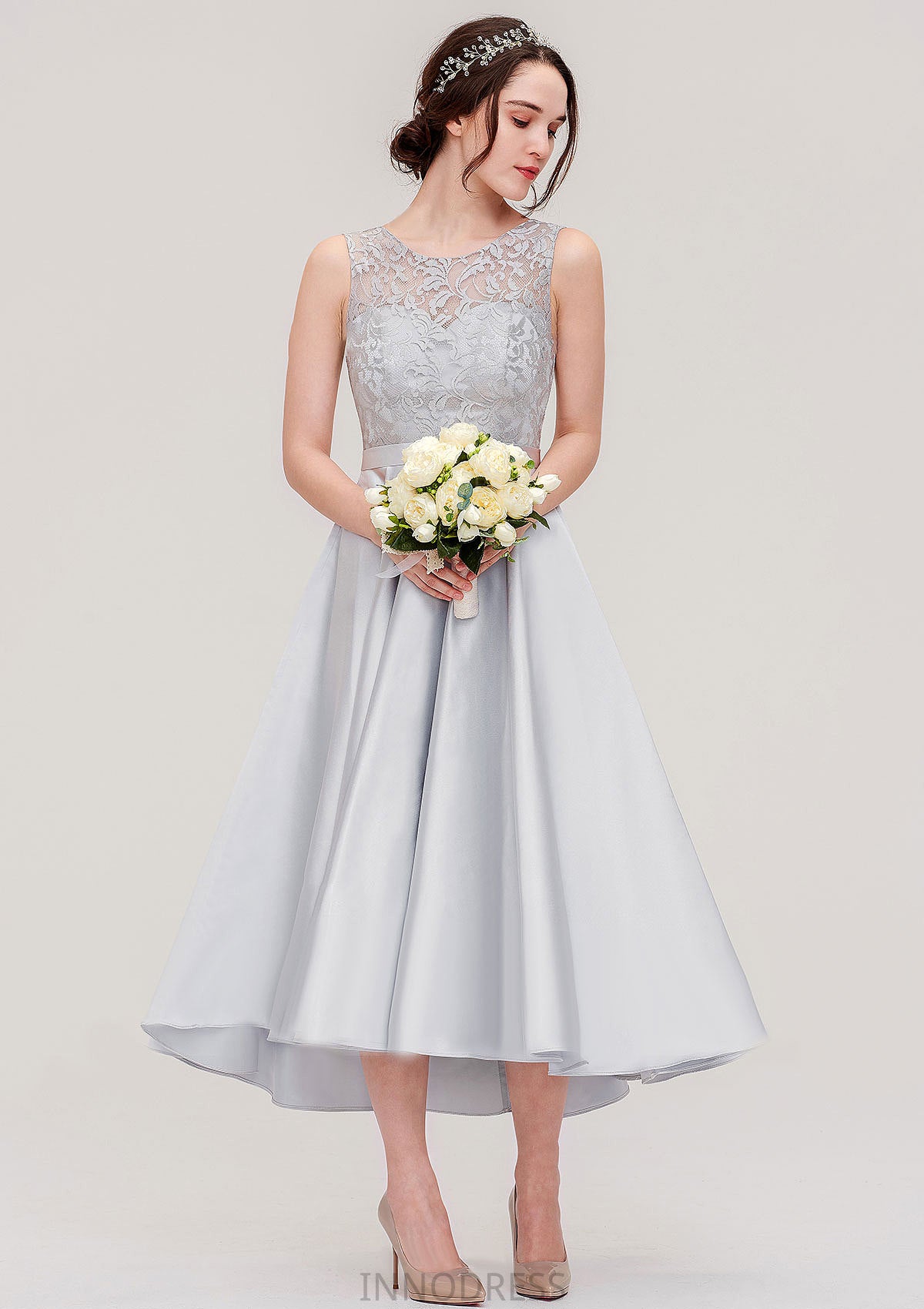 Bateau Sleeveless Tea-Length Satin A-line/Princess Bridesmaid Dresses With Sashes Lace Muriel DPP0025495