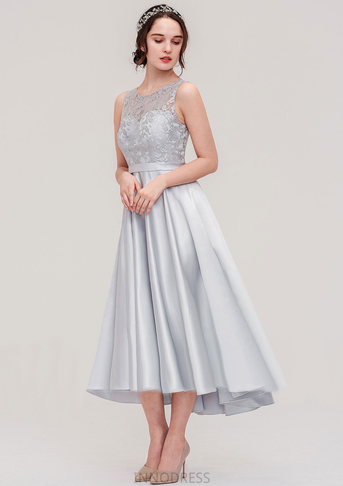 Bateau Sleeveless Tea-Length Satin A-line/Princess Bridesmaid Dresses With Sashes Lace Muriel DPP0025495