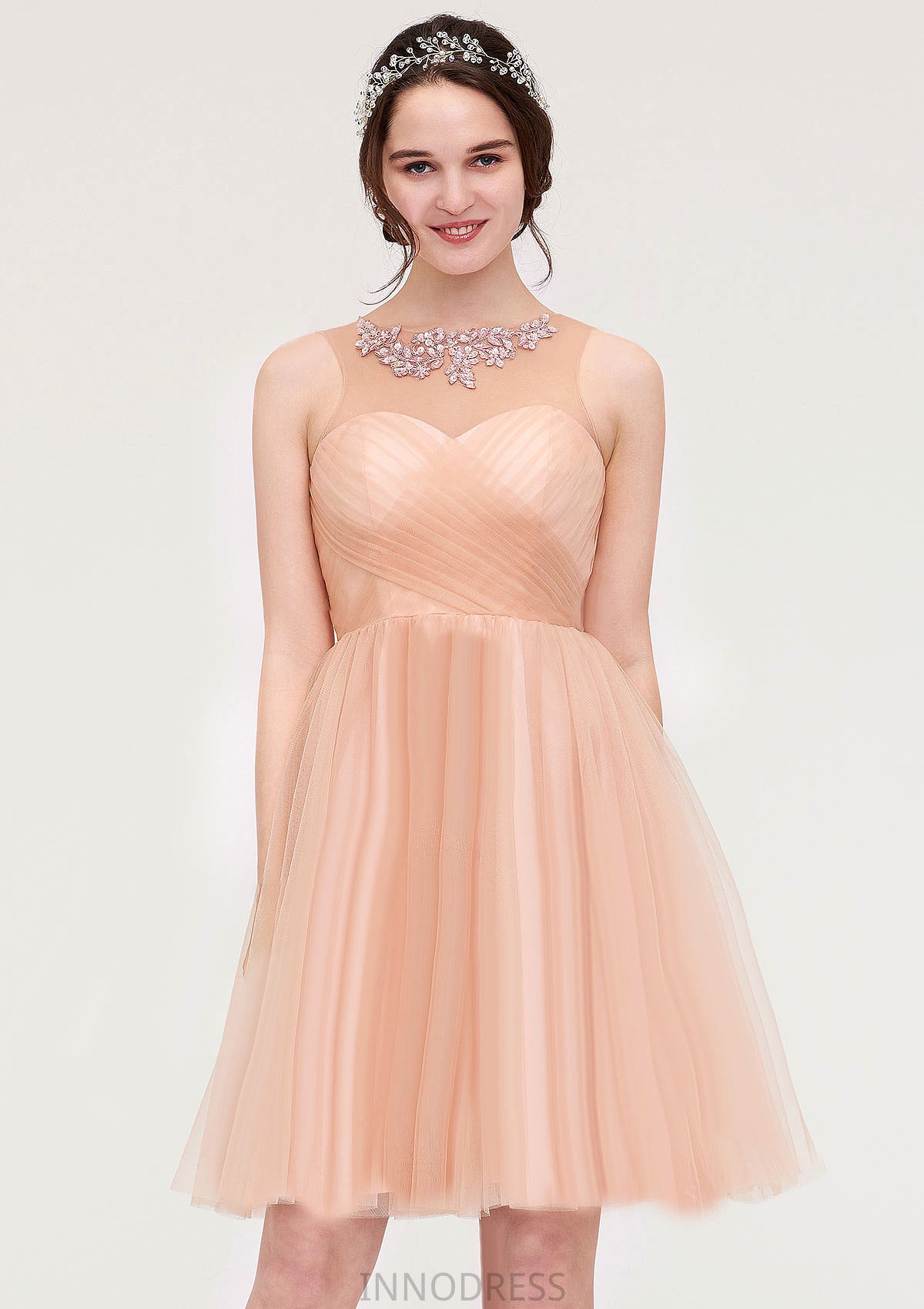 Bateau Sleeveless A-line/Princess Tulle Knee-Length Bridesmaid Dresses With Pleated Beading Damaris DPP0025498