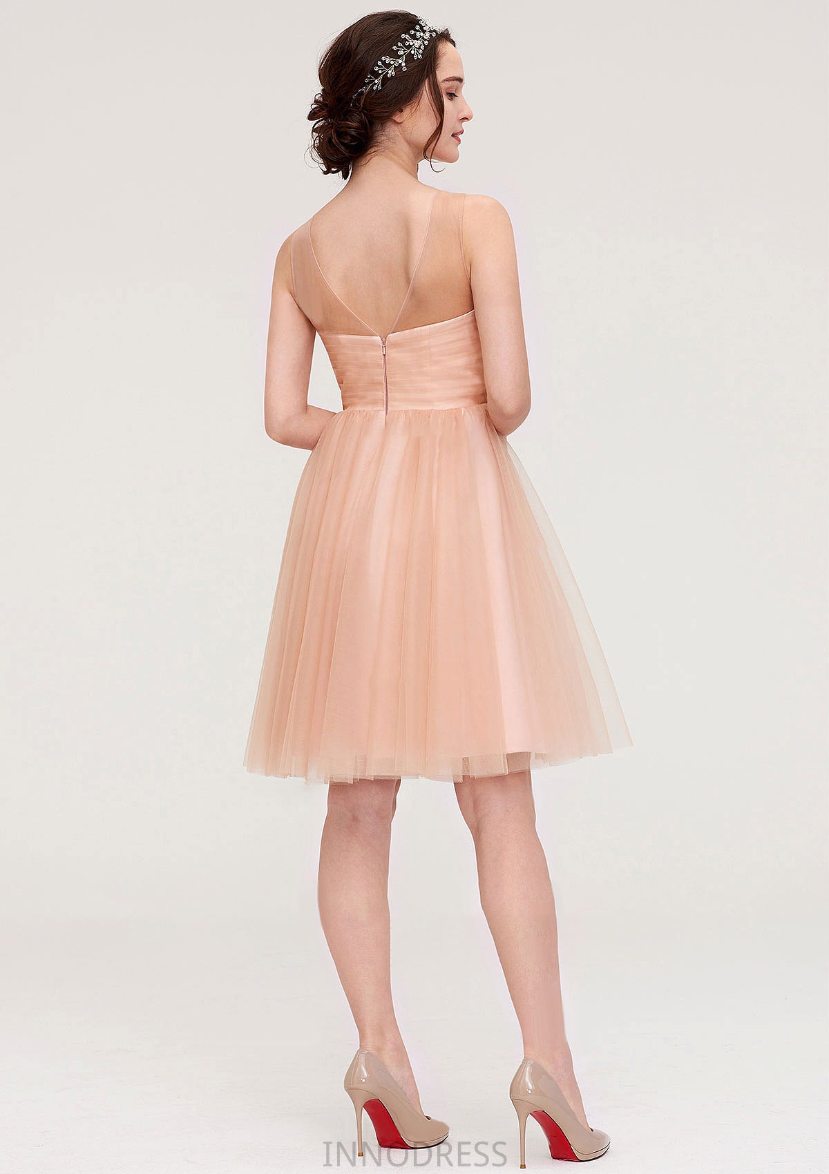 Bateau Sleeveless A-line/Princess Tulle Knee-Length Bridesmaid Dresses With Pleated Beading Damaris DPP0025498