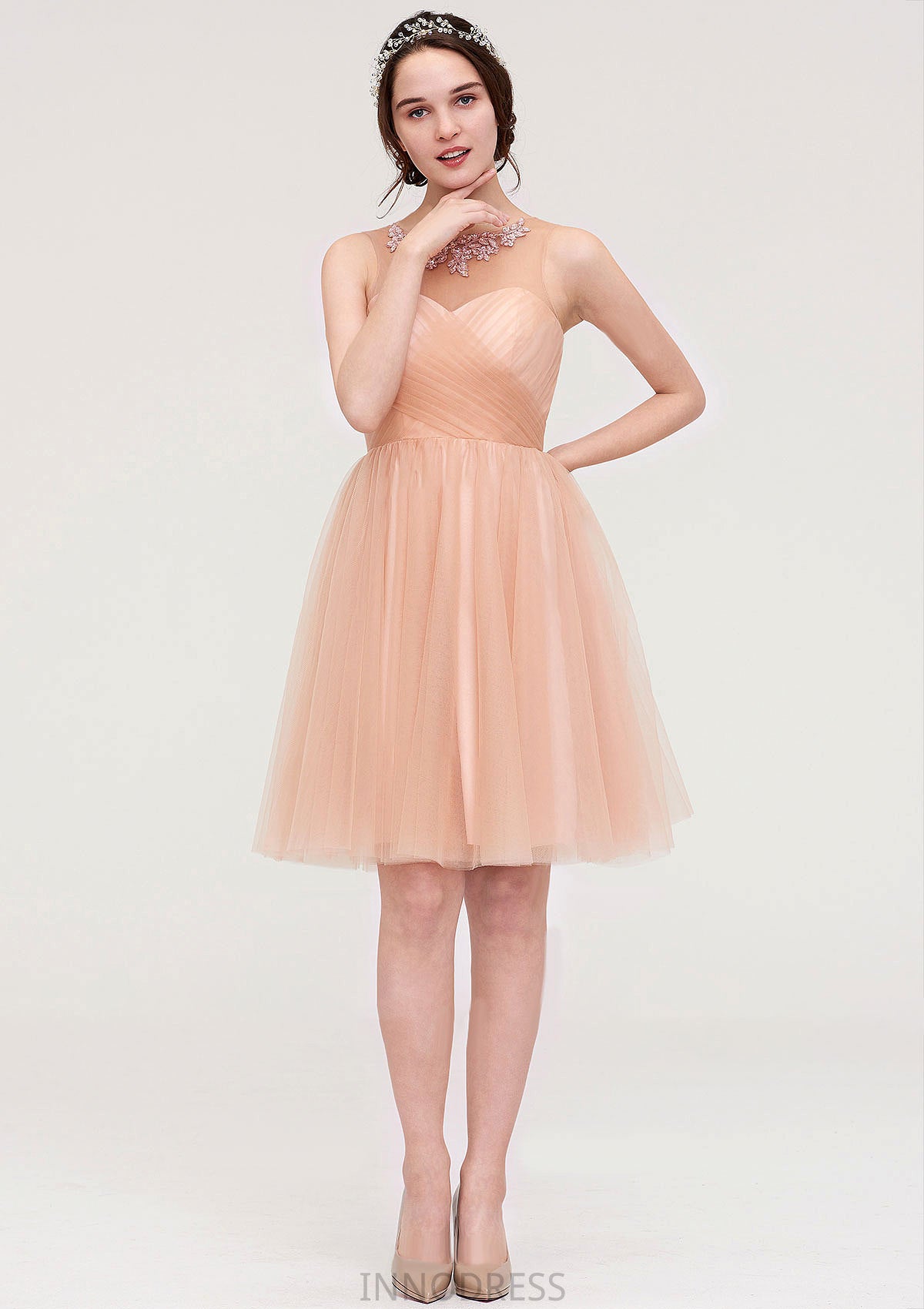 Bateau Sleeveless A-line/Princess Tulle Knee-Length Bridesmaid Dresses With Pleated Beading Damaris DPP0025498