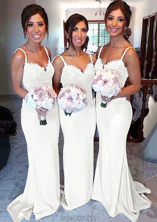 Sweetheart Court Train Sheath/Column Elastic Satin Bridesmaid Dresseses With Lace Miriam DPP0025500